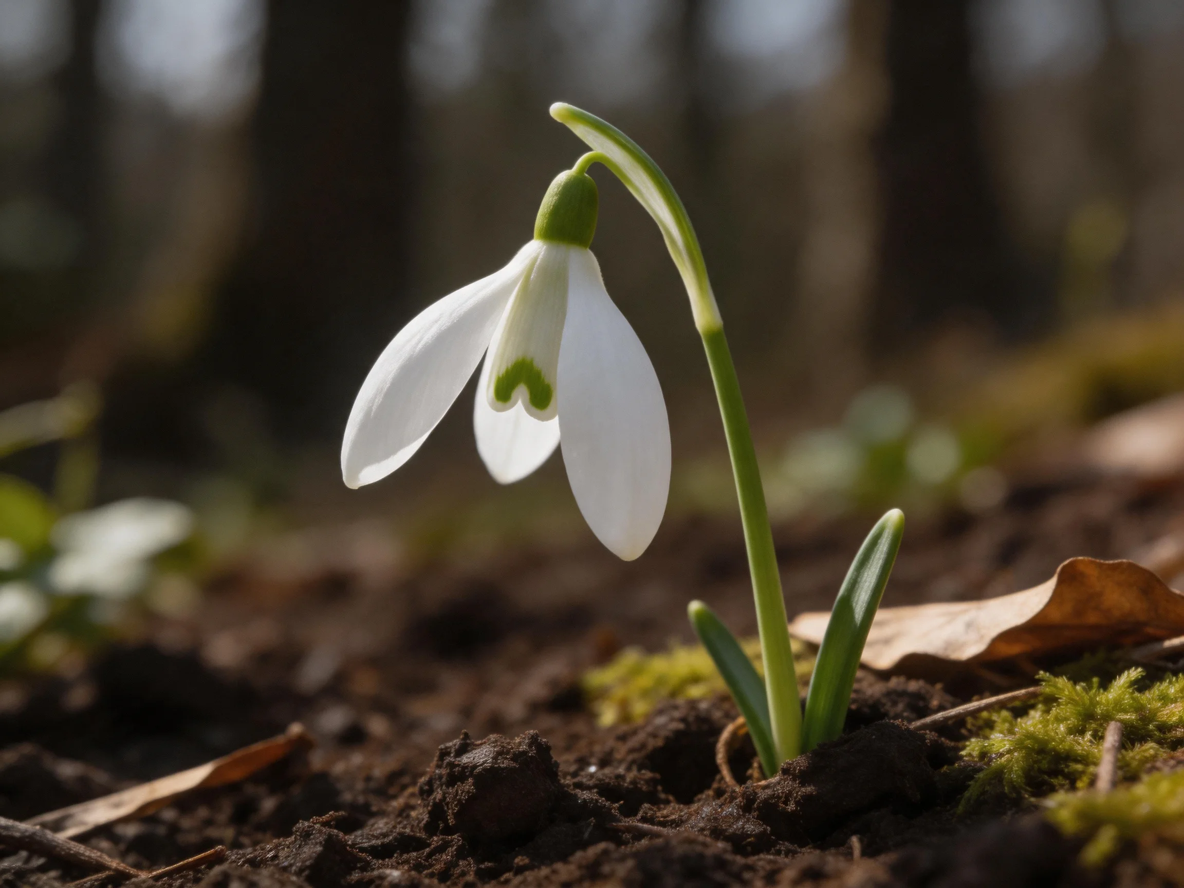 A single snowdrop blooms amidst dark soil and moss