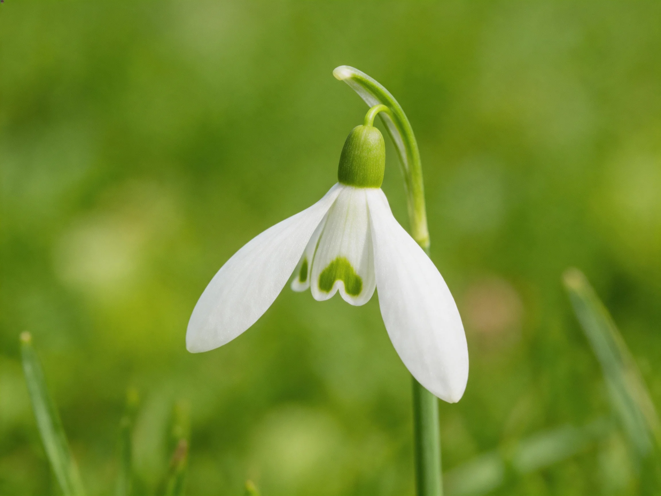 A single snowdrop flower with white petals and green markings
