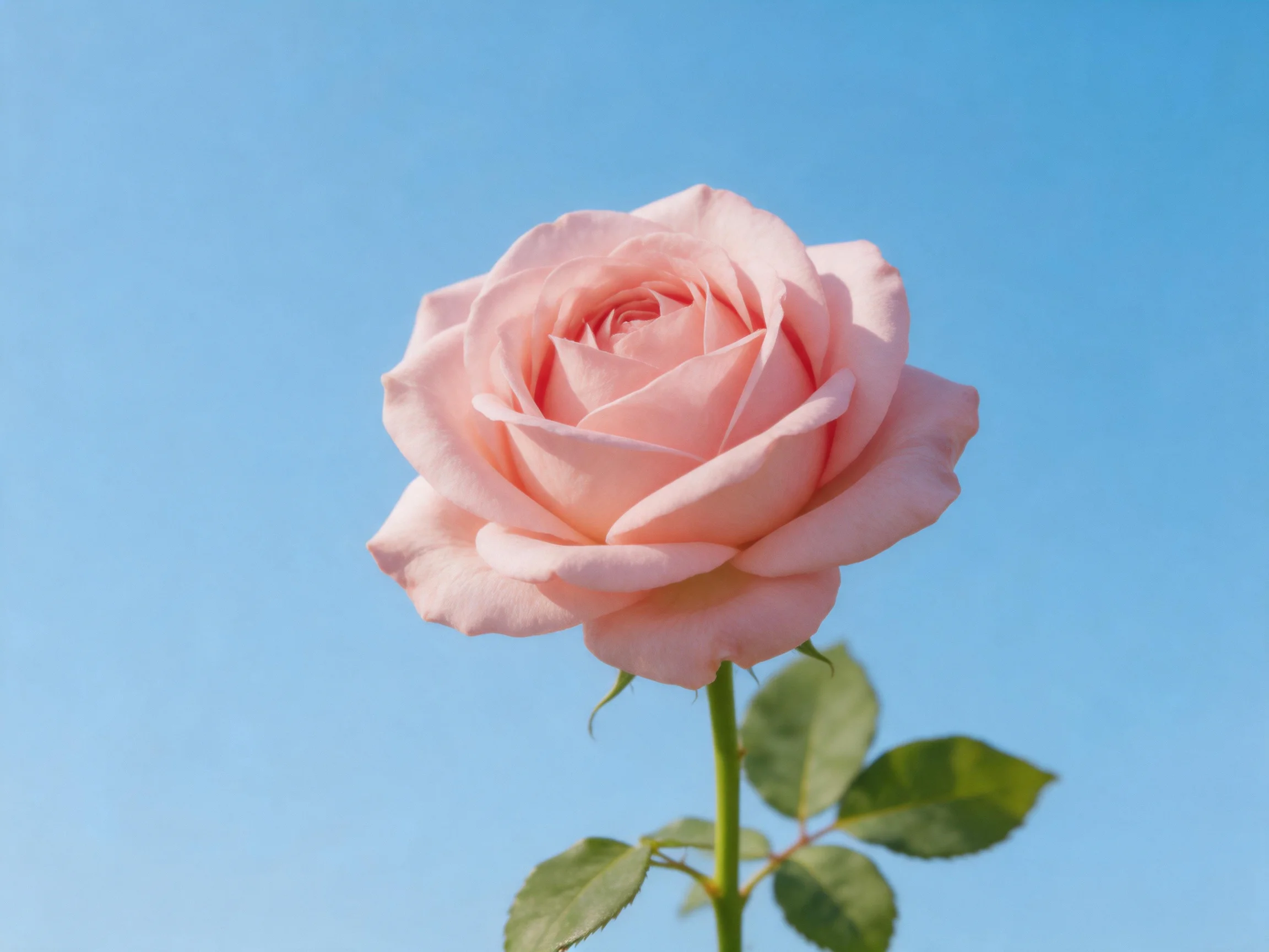 A single soft pink rose blooms against a clear blue sky