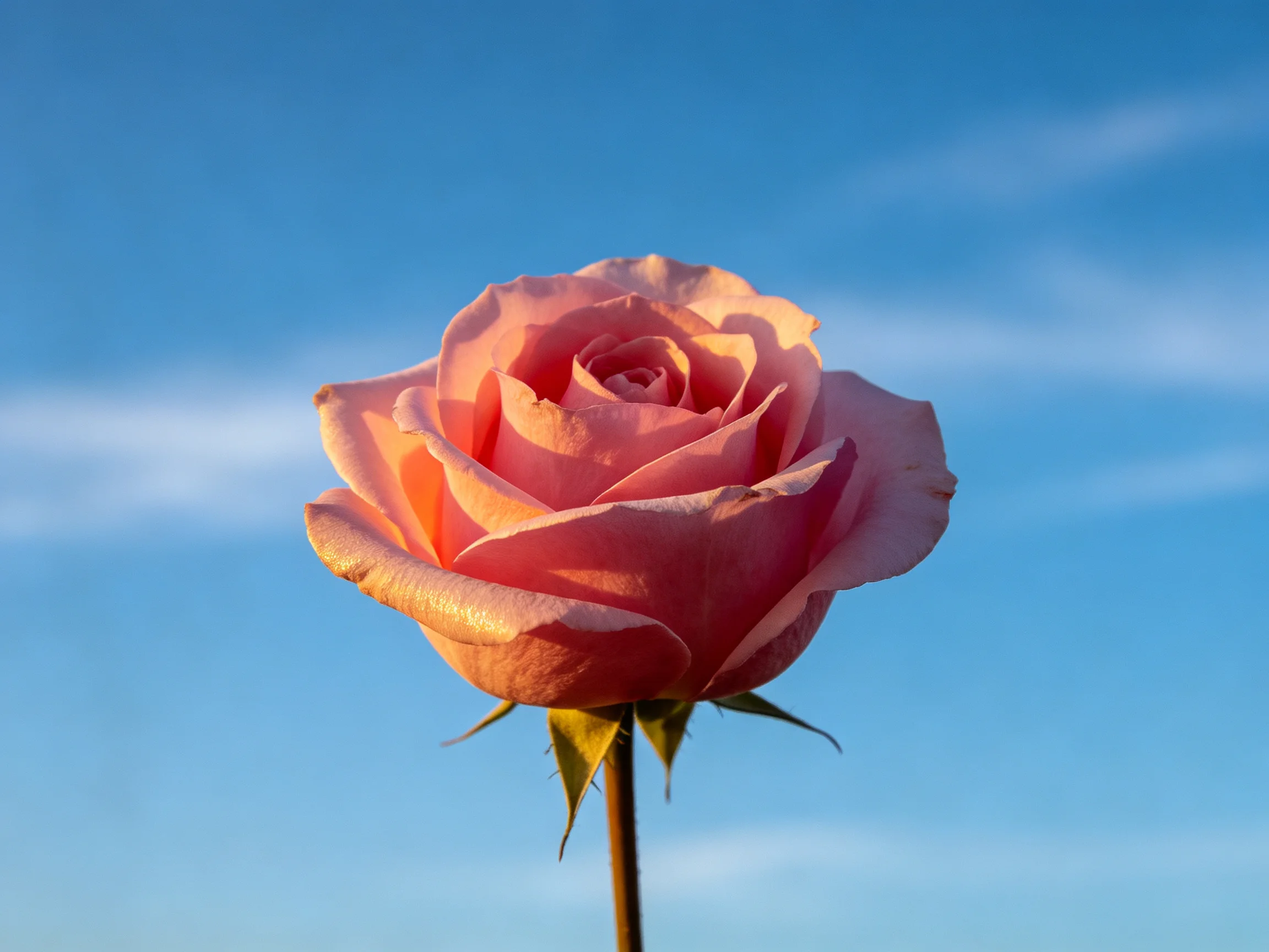 A single soft pink rose blooms against a clear blue sky