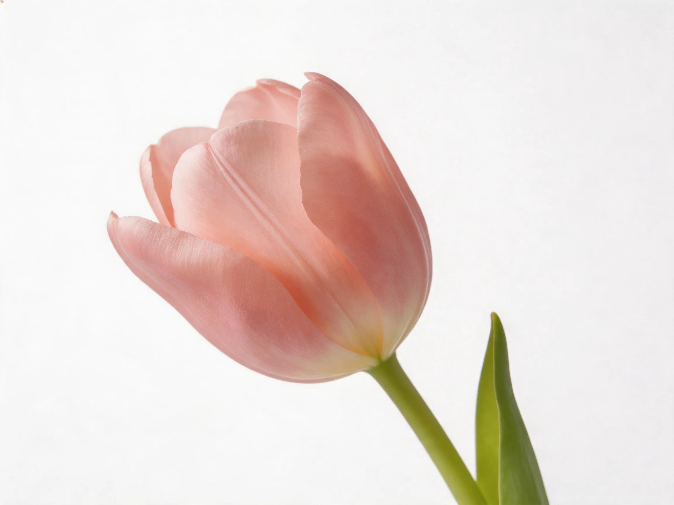 A single soft pink tulip with green stem and leaves against a plain white backdrop