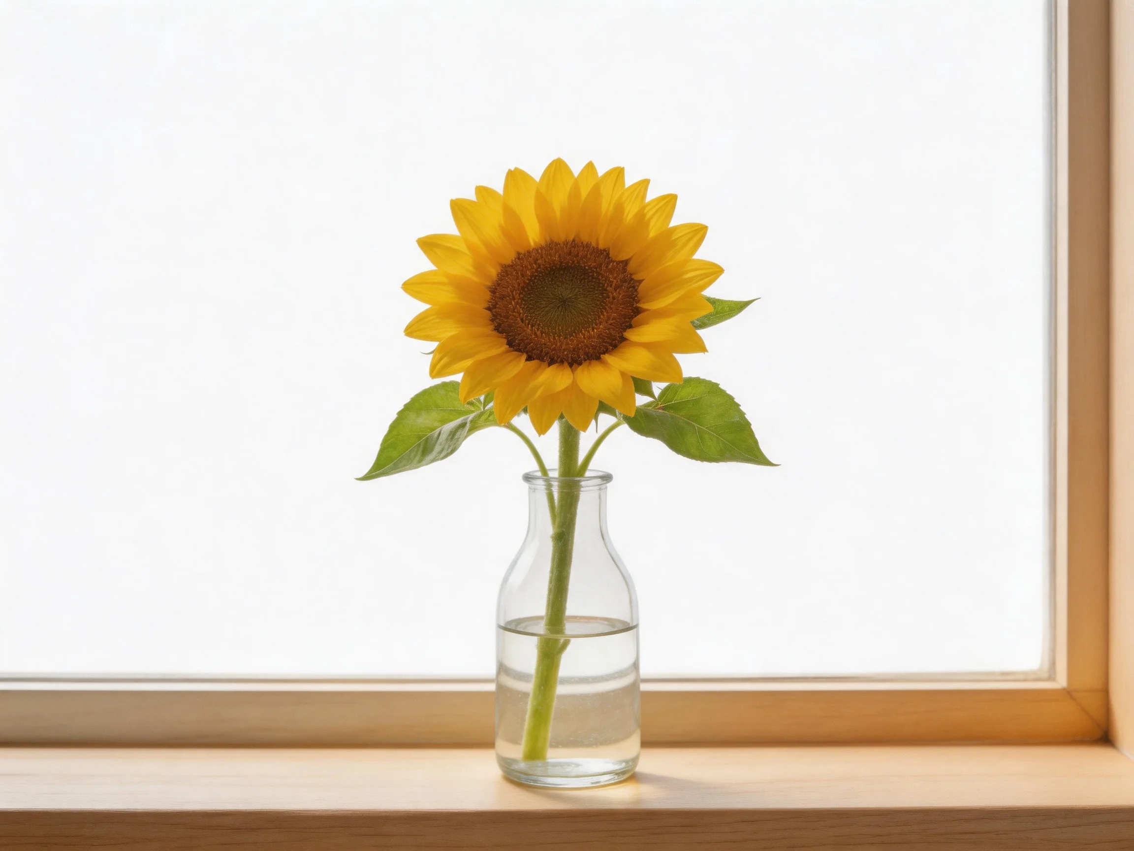 A single sunflower in a clear glass vase on a wooden windowsill