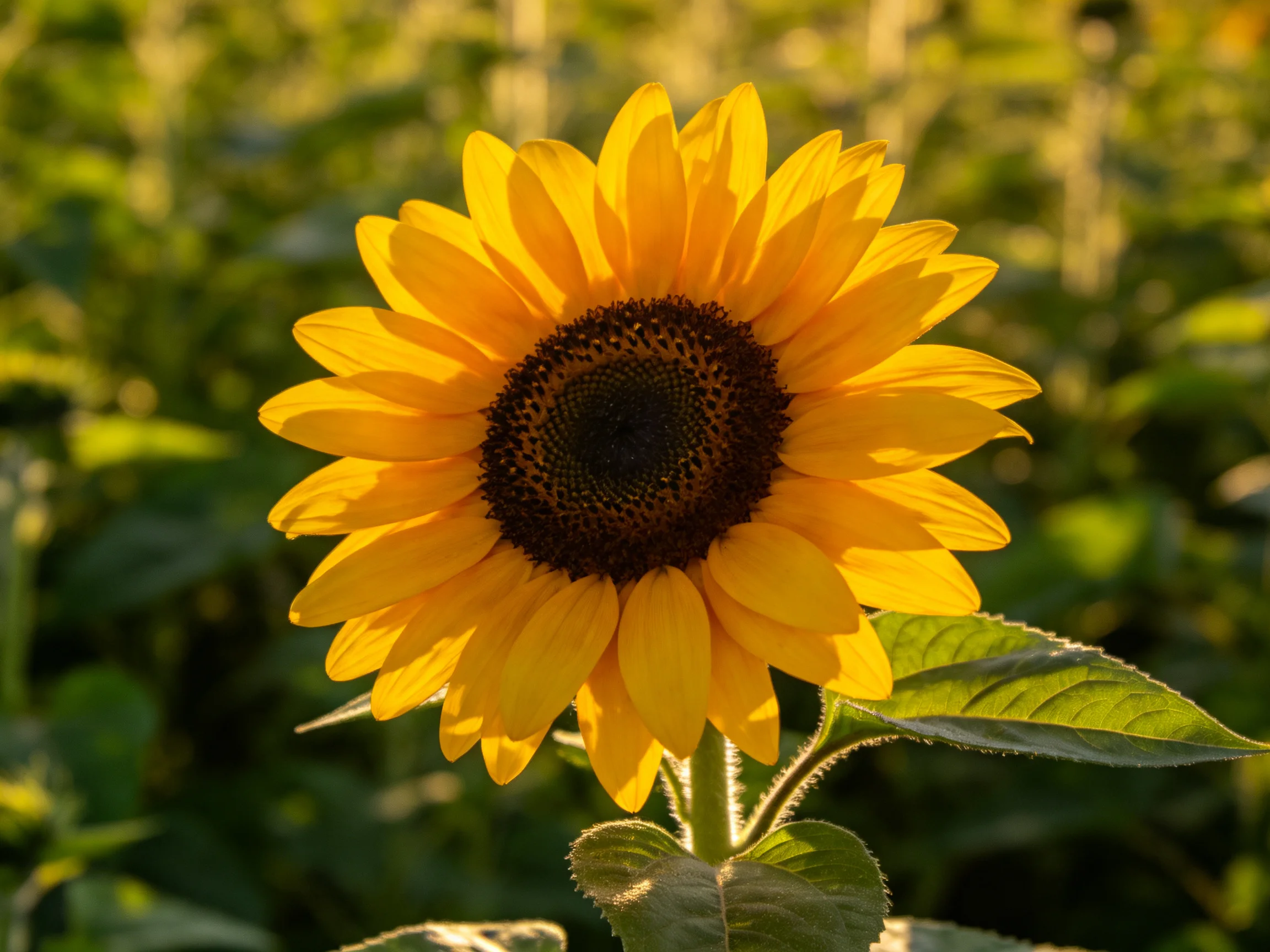 A single sunflower with bright yellow petals and dark center among green foliage