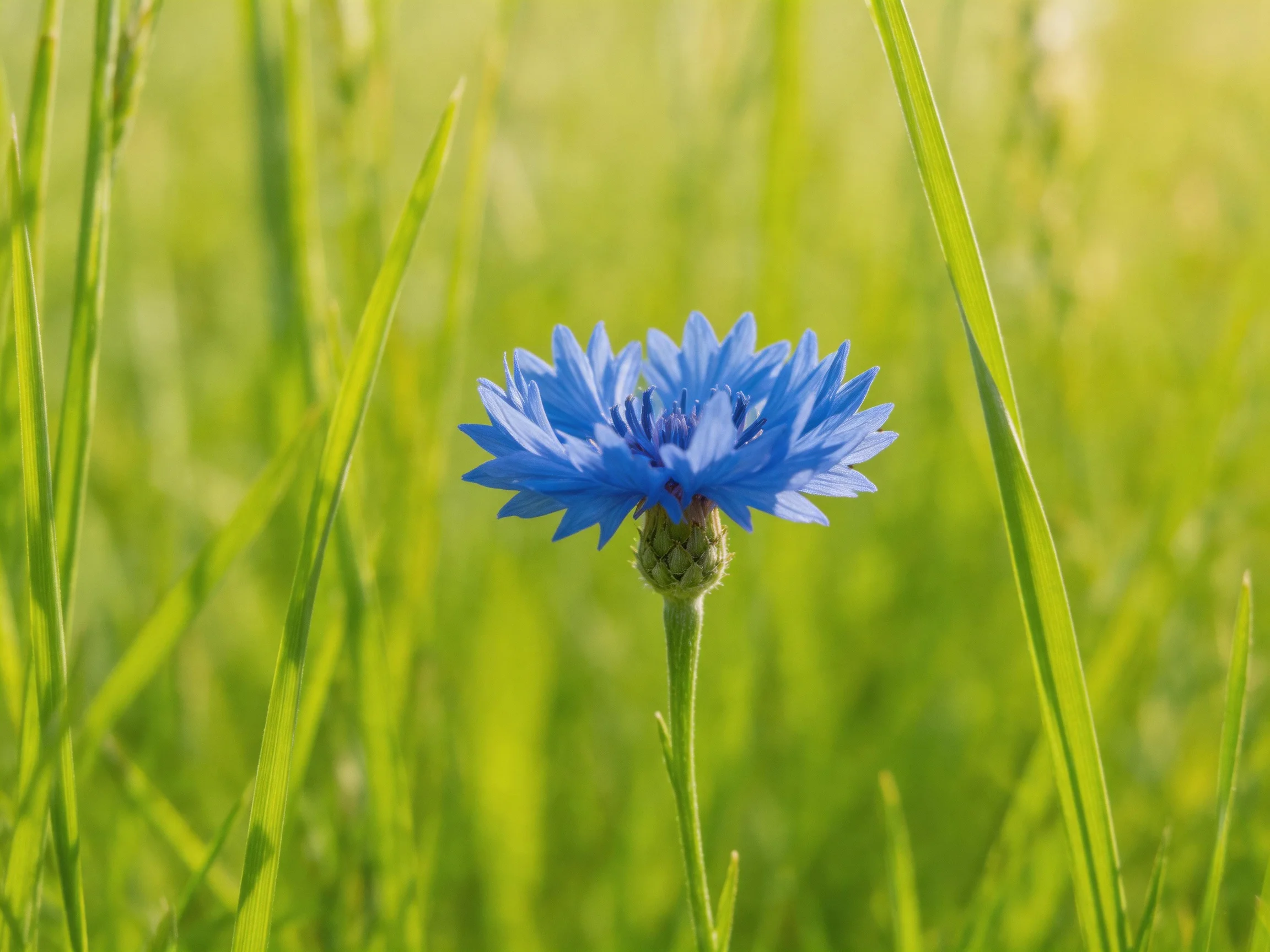 A single vibrant blue cornflower stands out among lush green grass blades