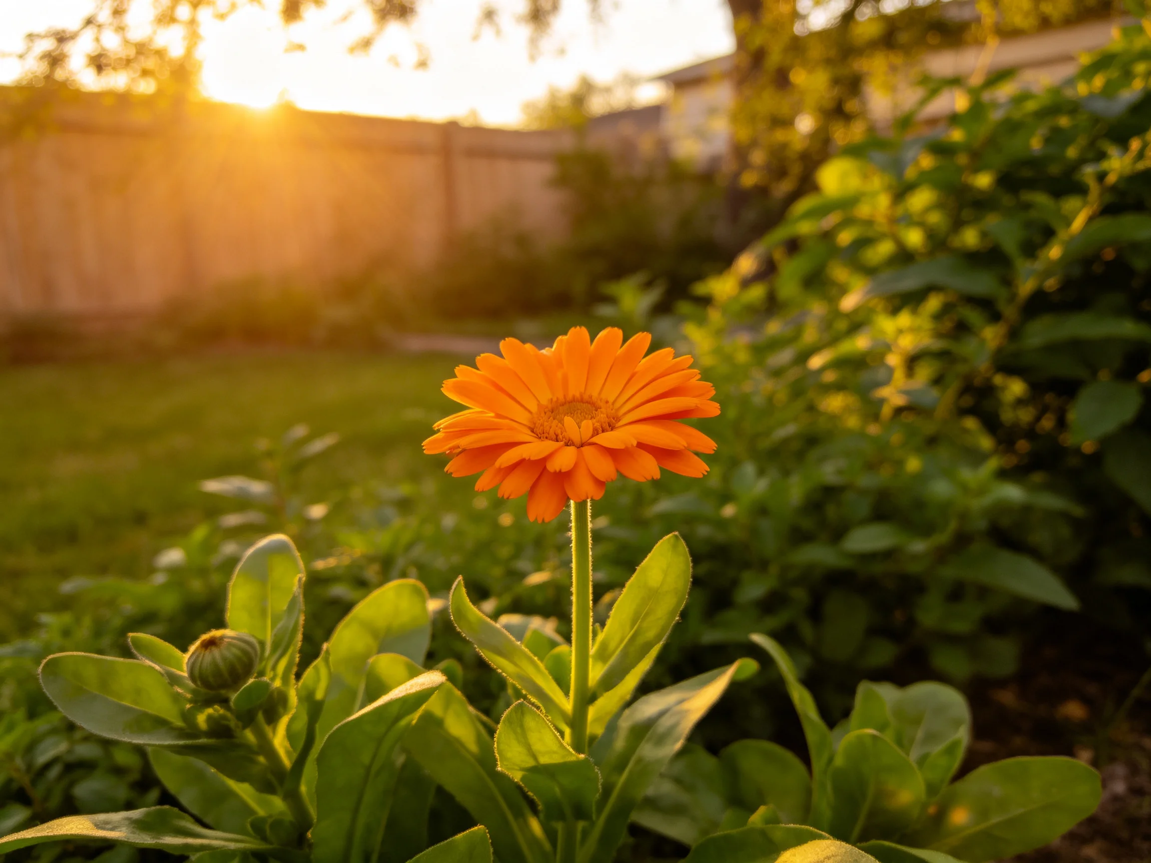 A vibrant orange flower stands out in a sunlit backyard garden.