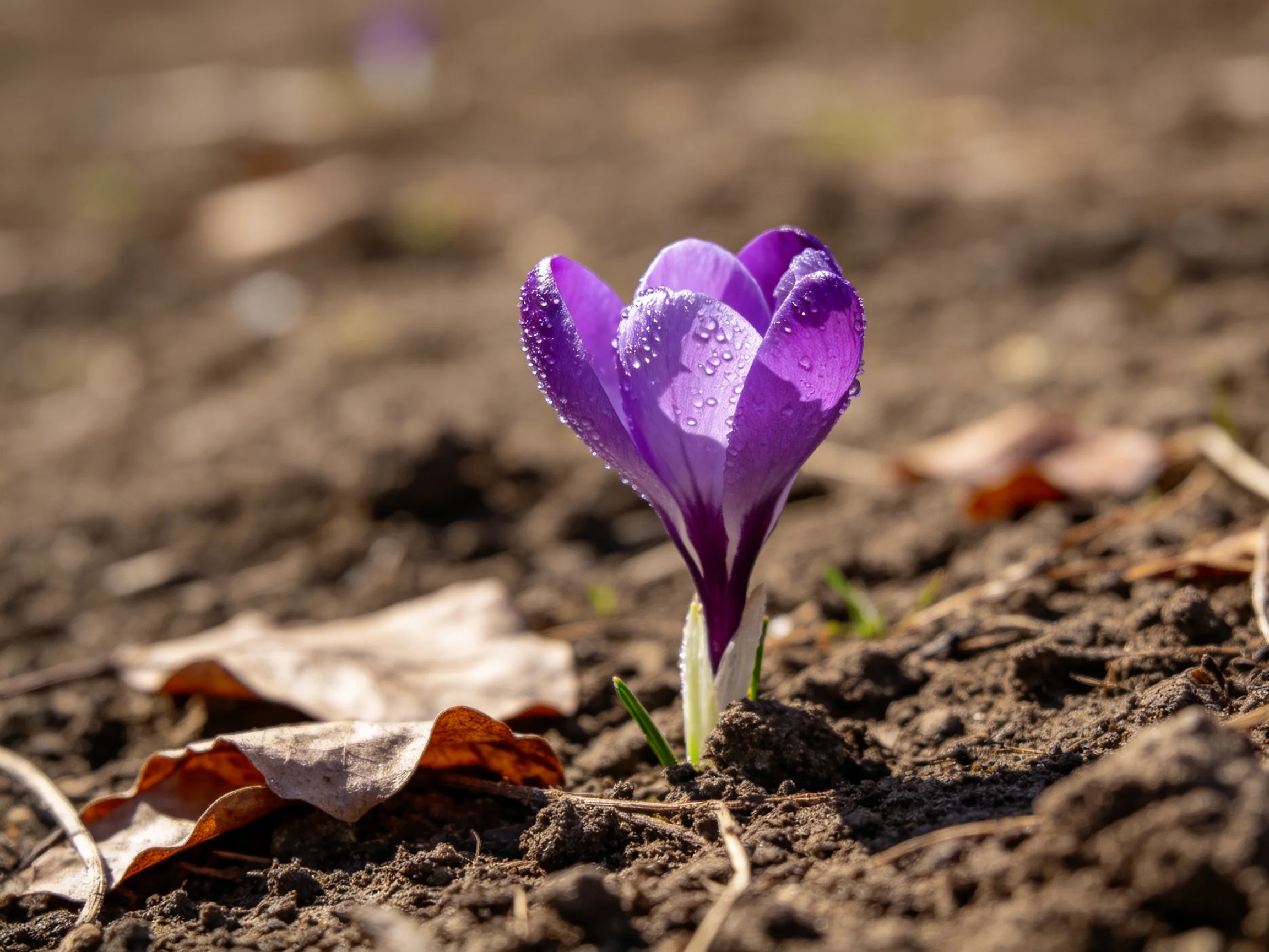 A single vibrant purple crocus blooms amid dark earth and dried leaves