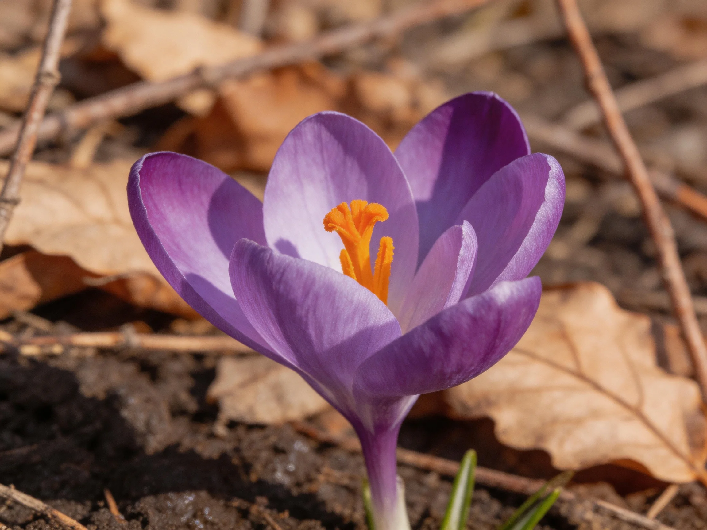 A single vibrant purple crocus blooms amid dried brown leaves and dark earth
