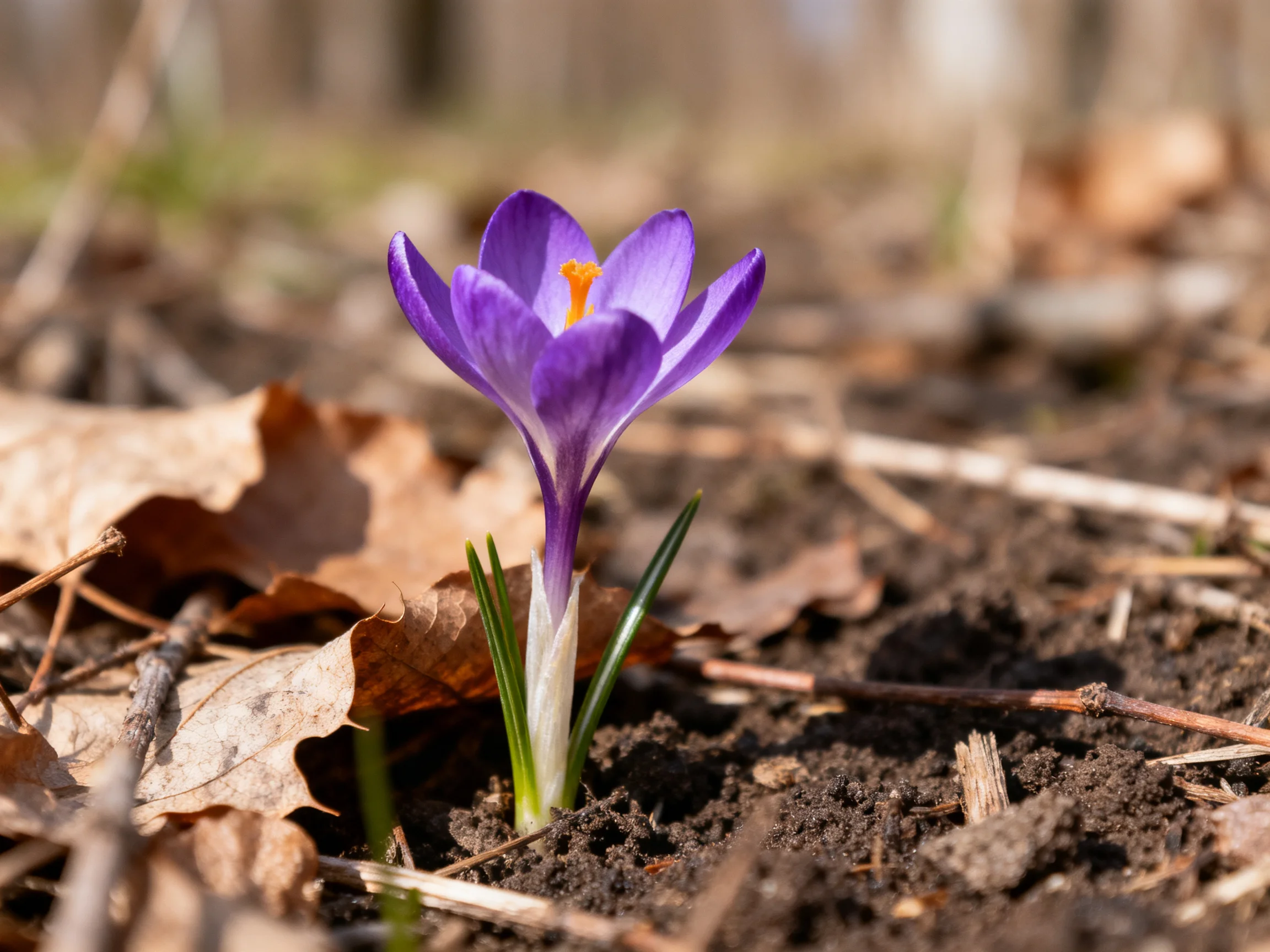 A single vibrant purple crocus blooms among brown fallen leaves