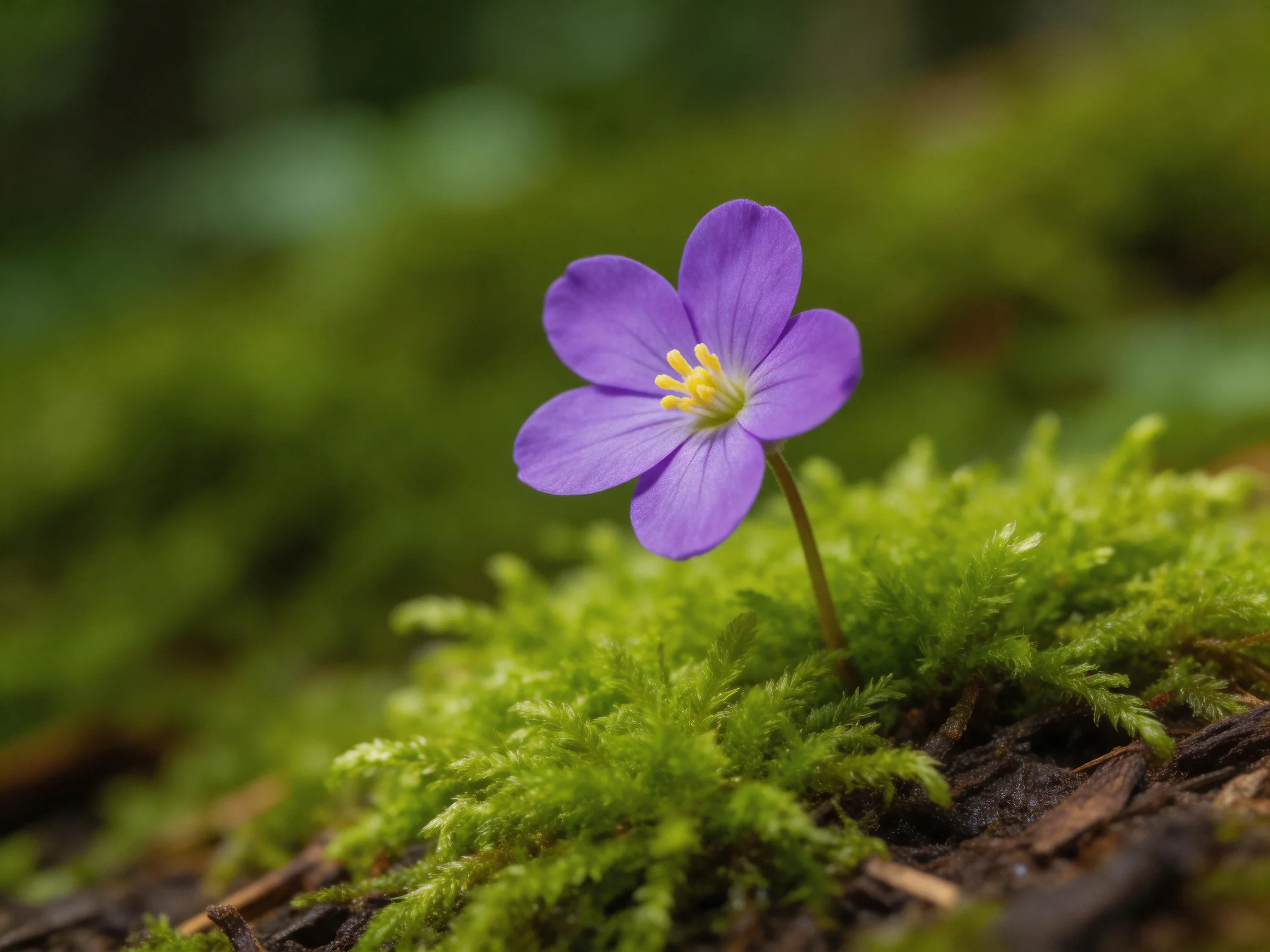 A single vibrant purple flower blooms atop lush green moss