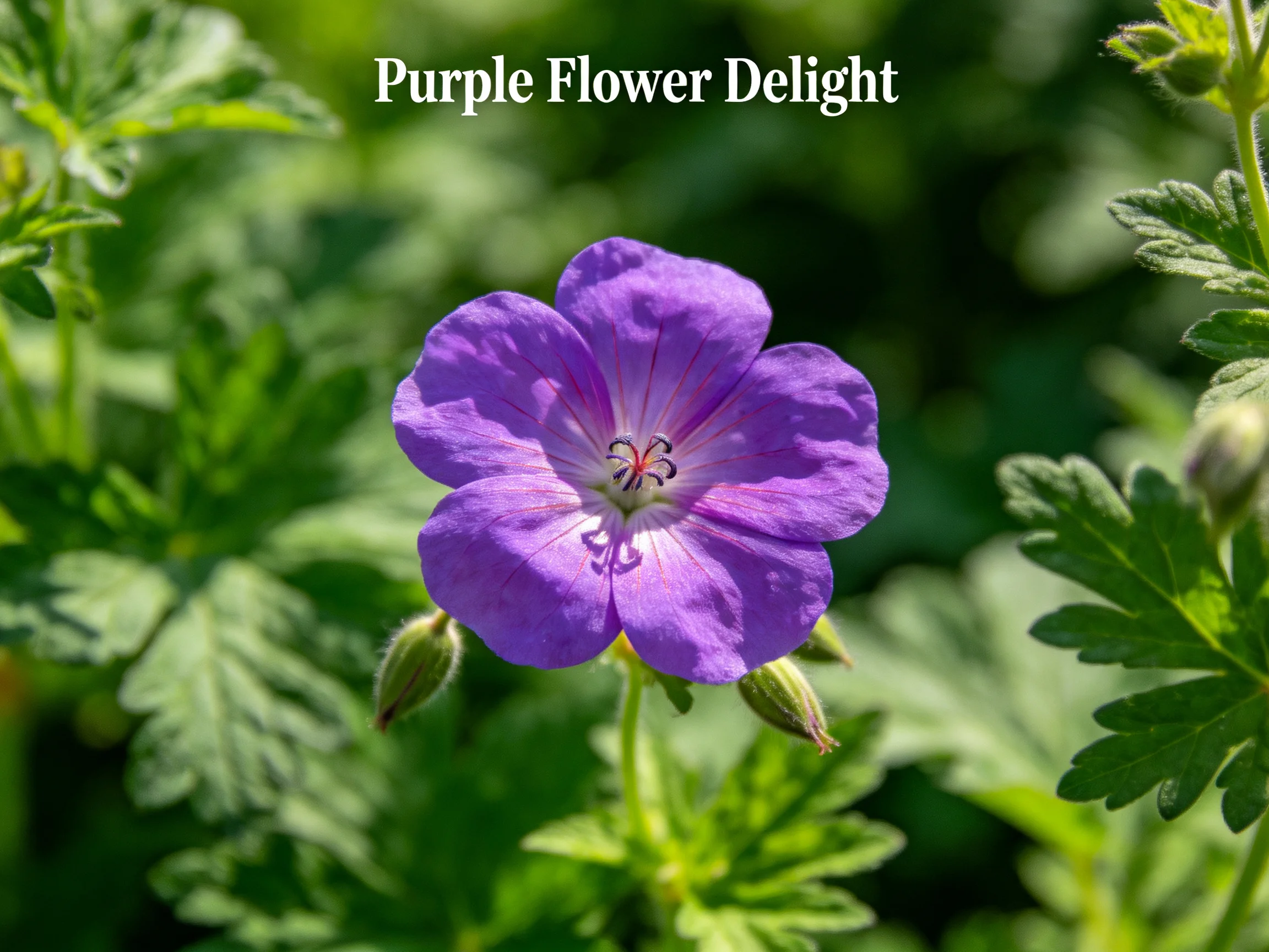 A single vibrant purple flower stands out among lush green foliage