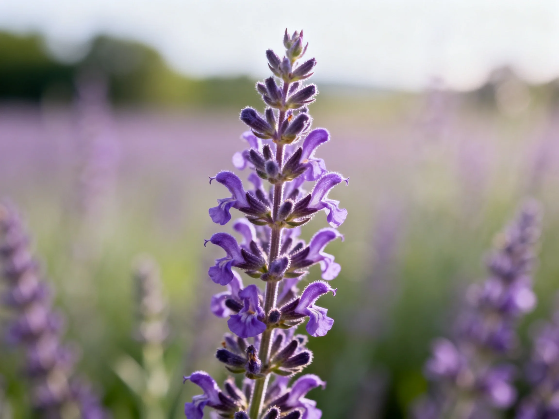A single vibrant purple flower stands out in a soft lavender field