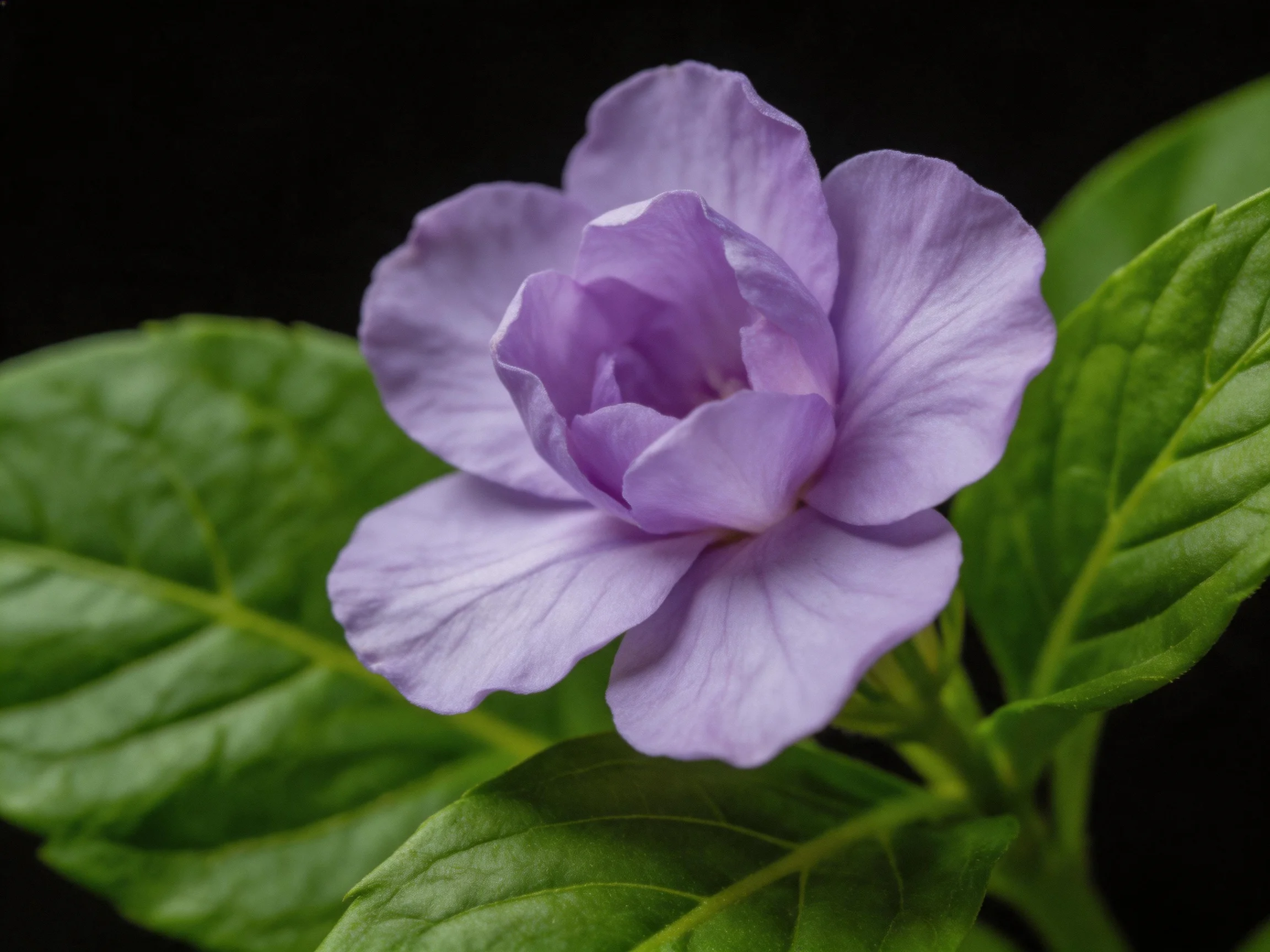 A single vibrant purple flower with green leaves against a dark background