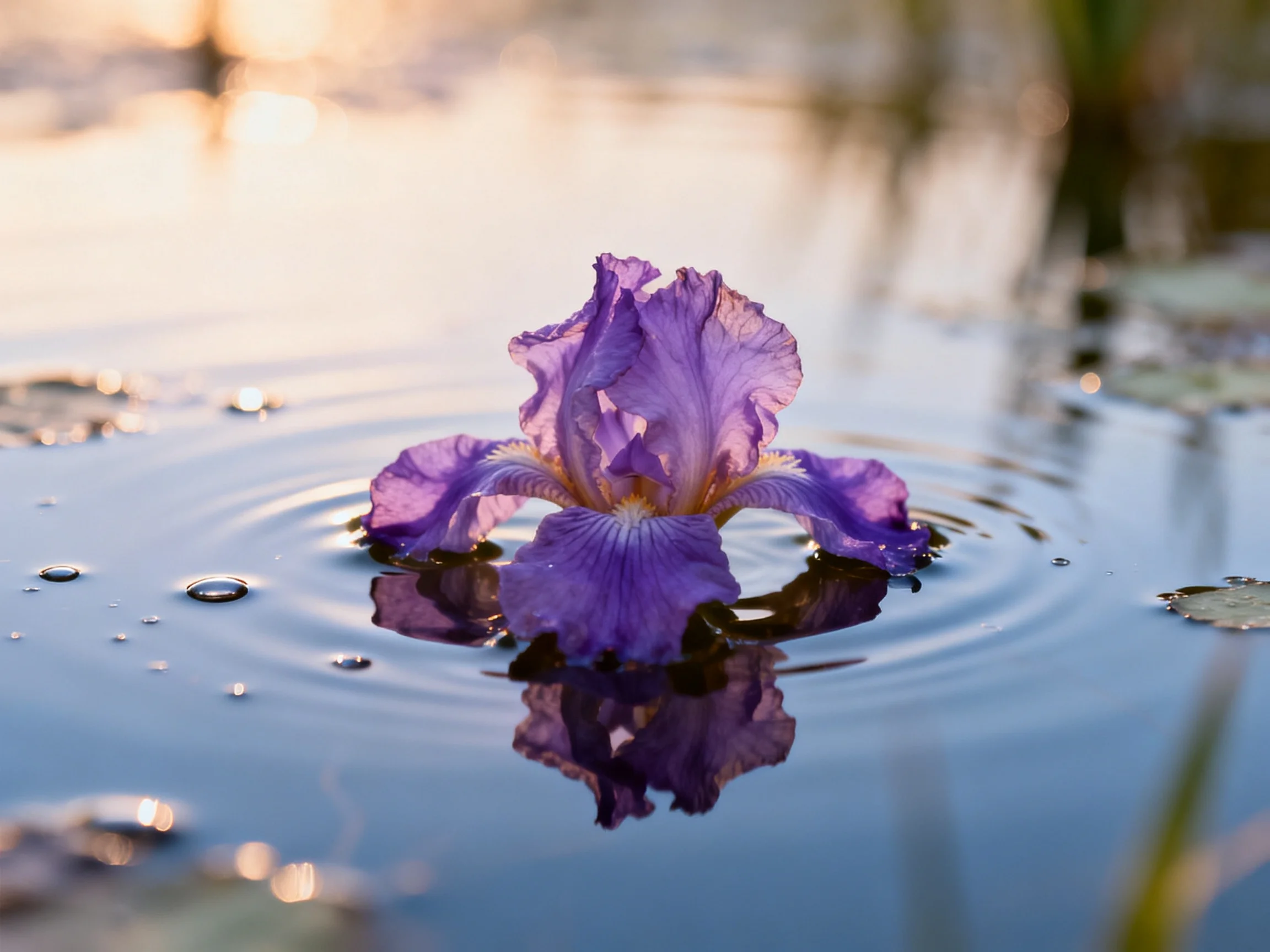 A single vibrant purple iris floats on calm reflective water