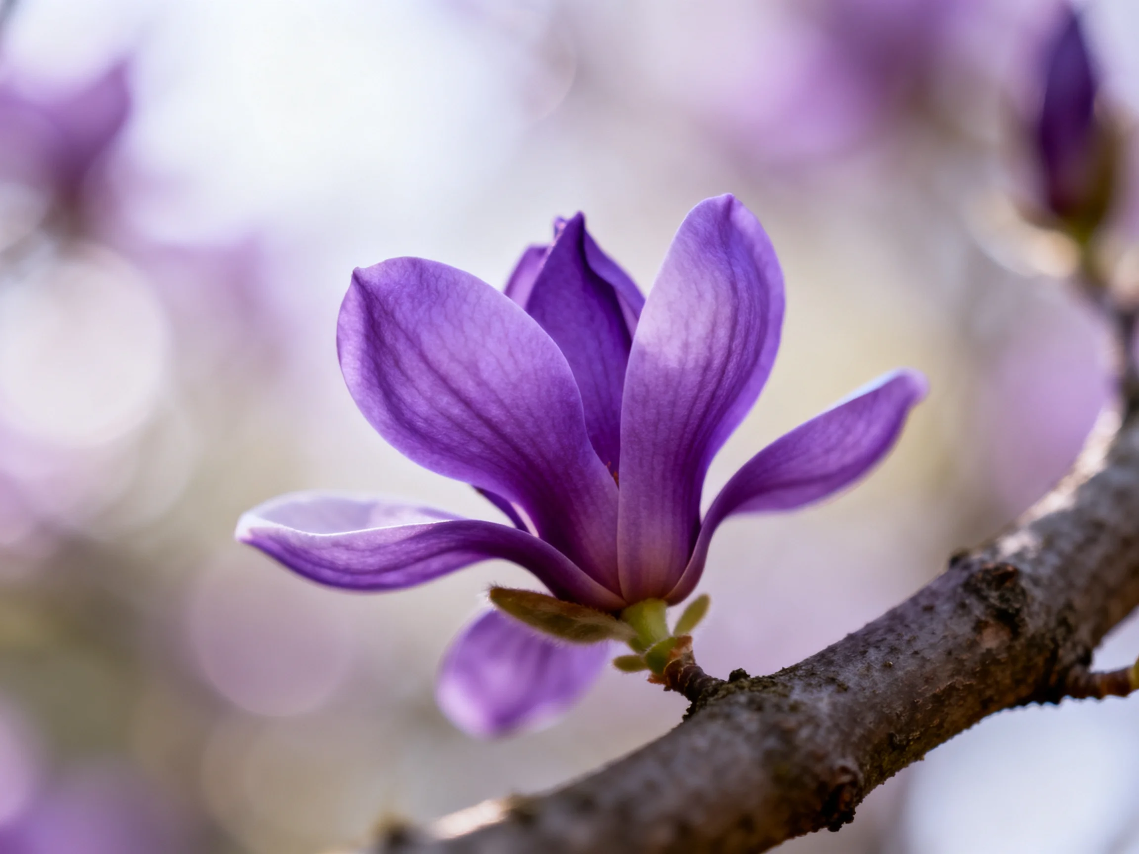 A single vibrant purple magnolia flower blooms on a textured branch