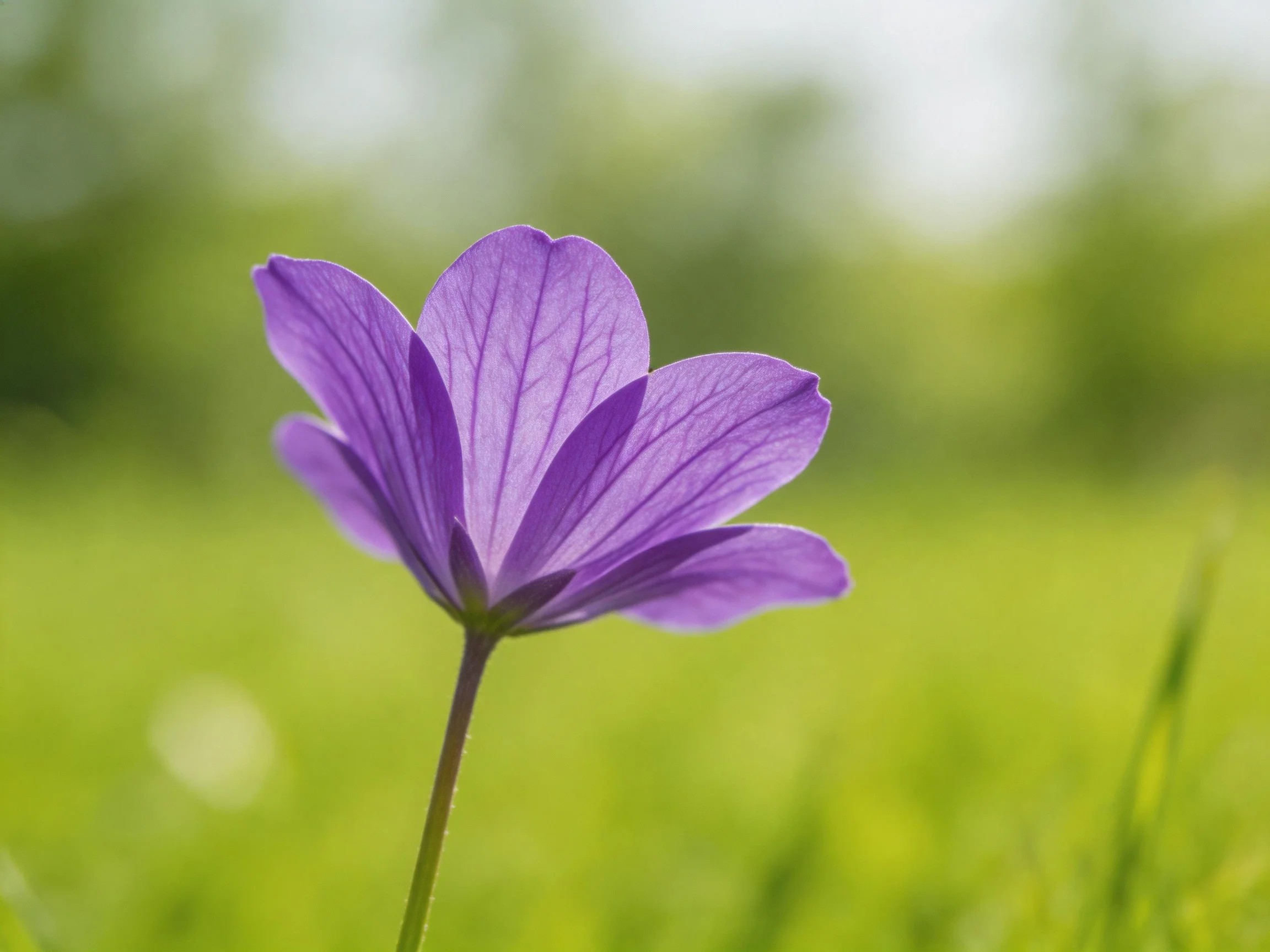 A single vibrant purple wildflower blooms in a soft green meadow