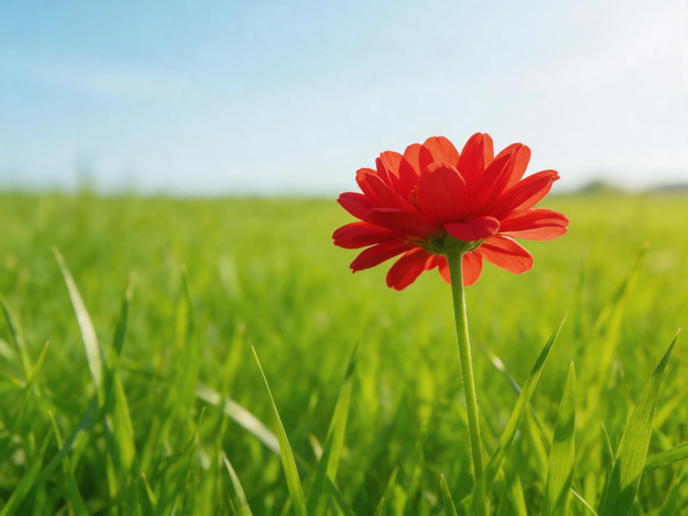 A single vibrant red flower blooms in a vast green meadow under a clear blue sky