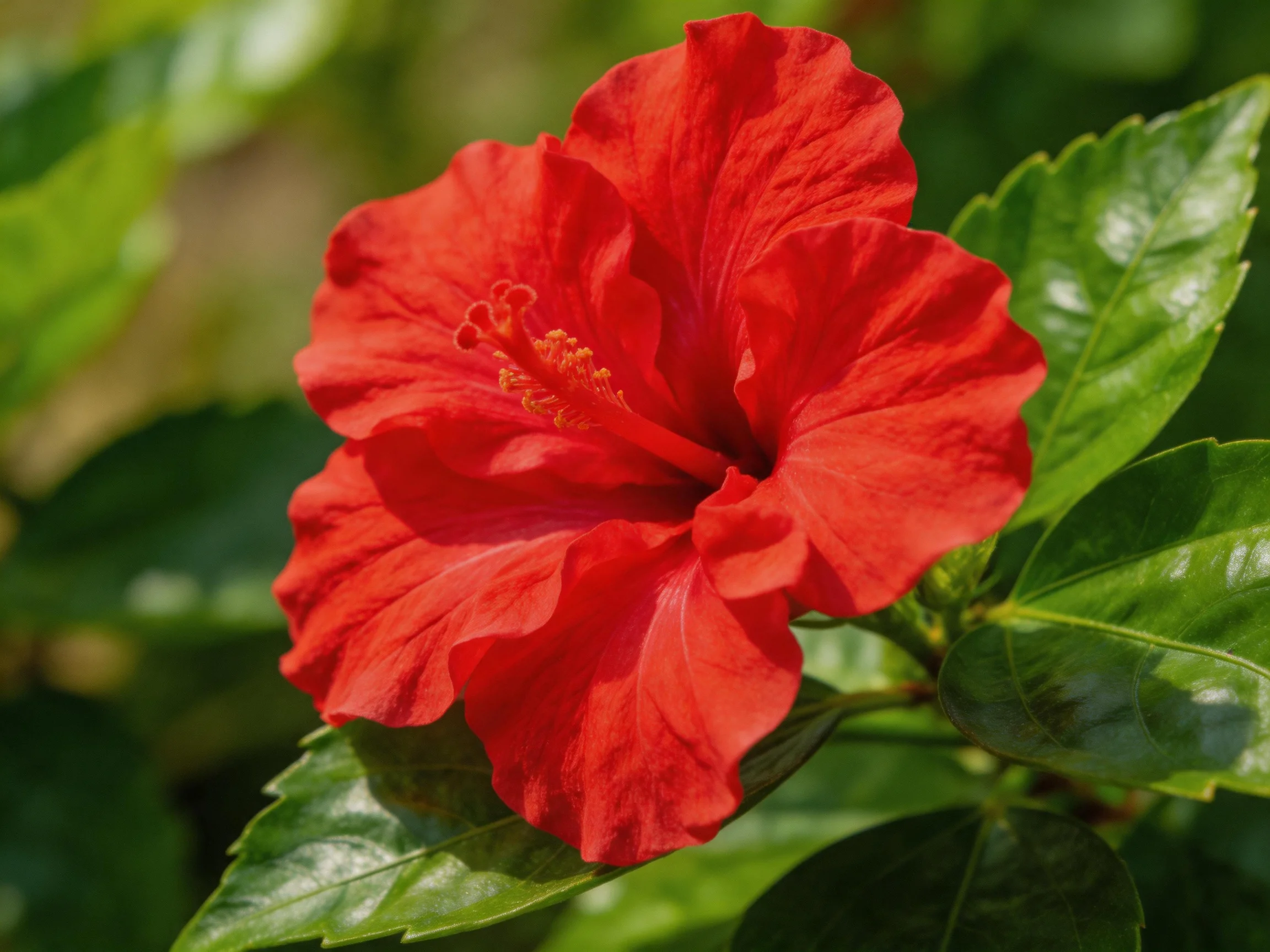 A single vibrant red hibiscus flower with glossy green leaves