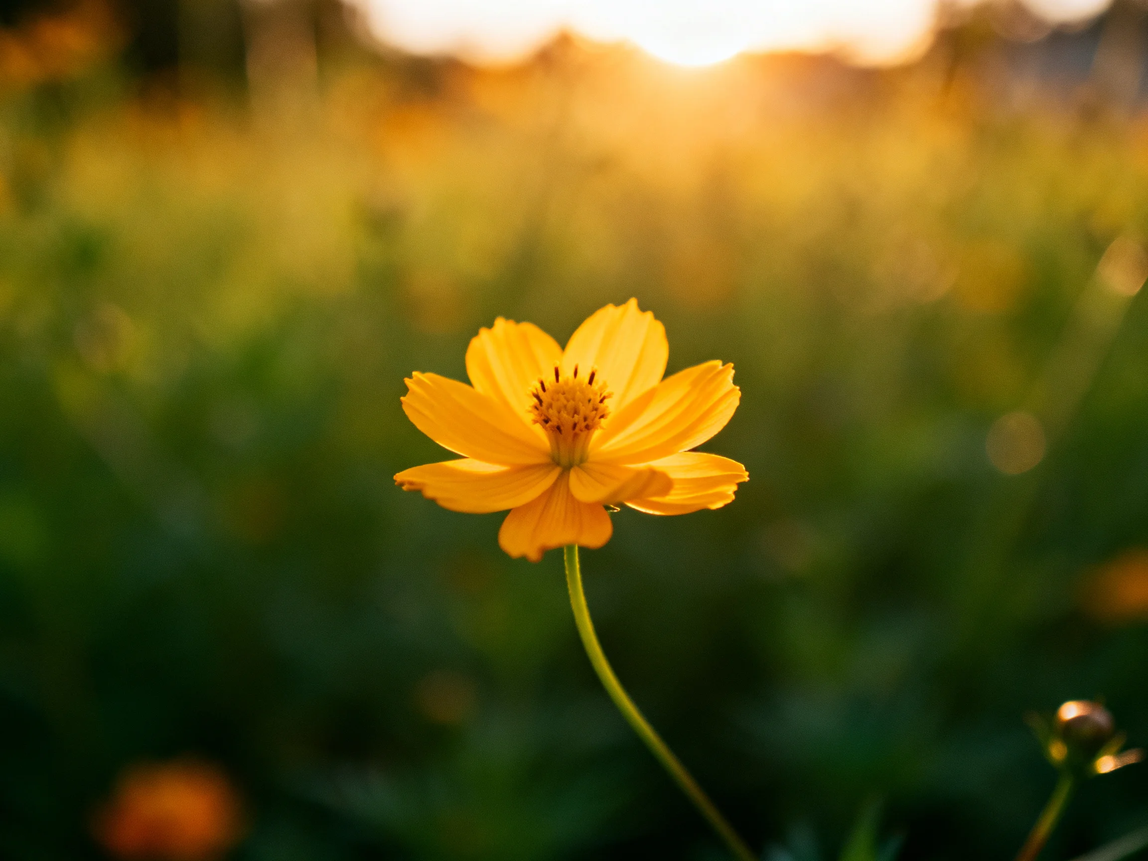 A single vibrant yellow flower stands out in a blurred green meadow during golden hour.