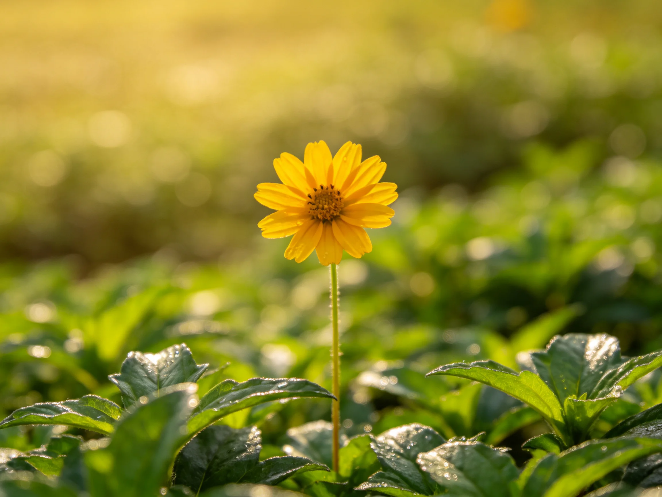 A single vibrant yellow flower stands among lush green leaves