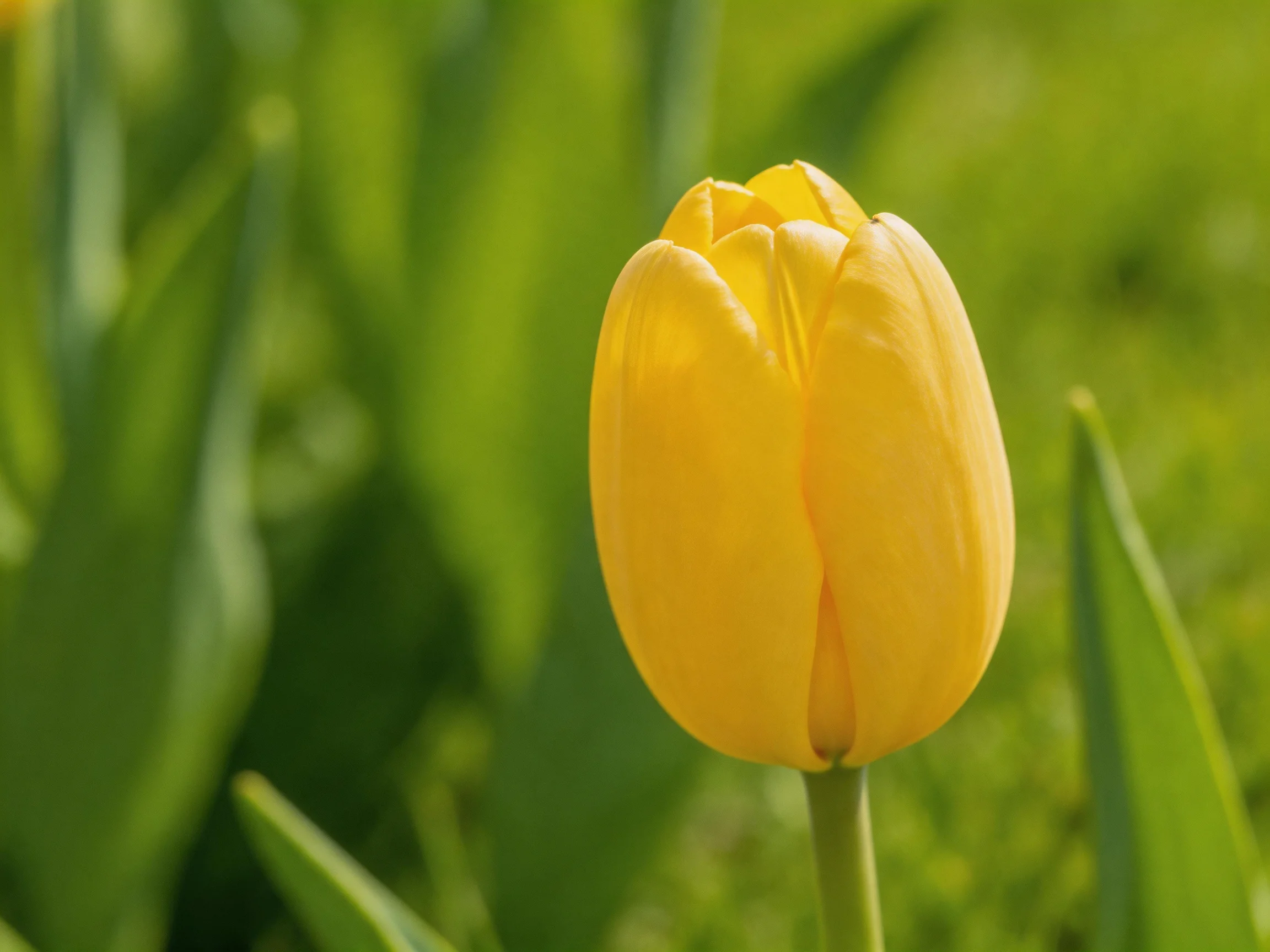 A single vibrant yellow tulip amidst soft-focused green foliage