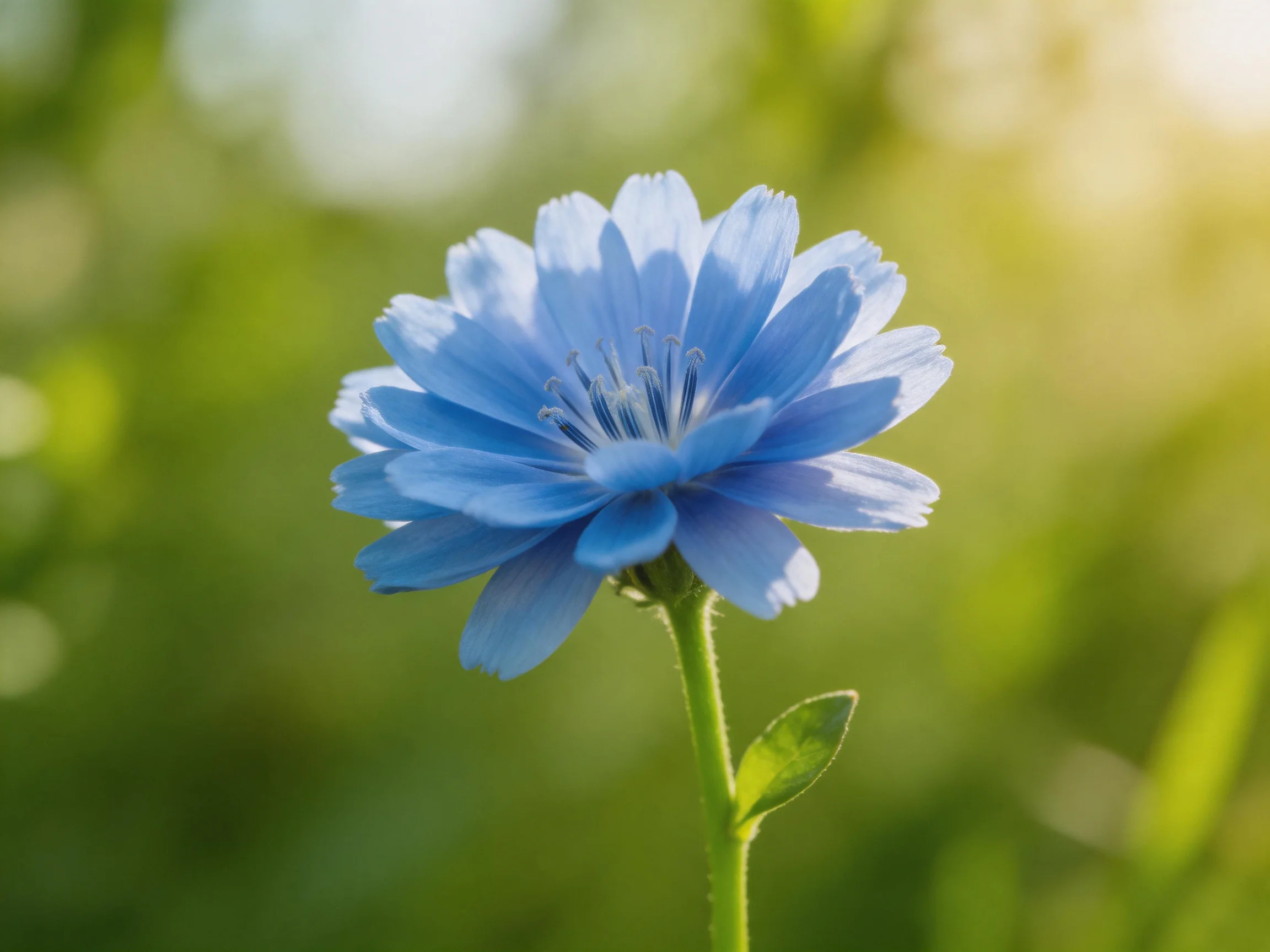 A single vivid blue chicory flower with layered petals stands out against a soft green bokeh