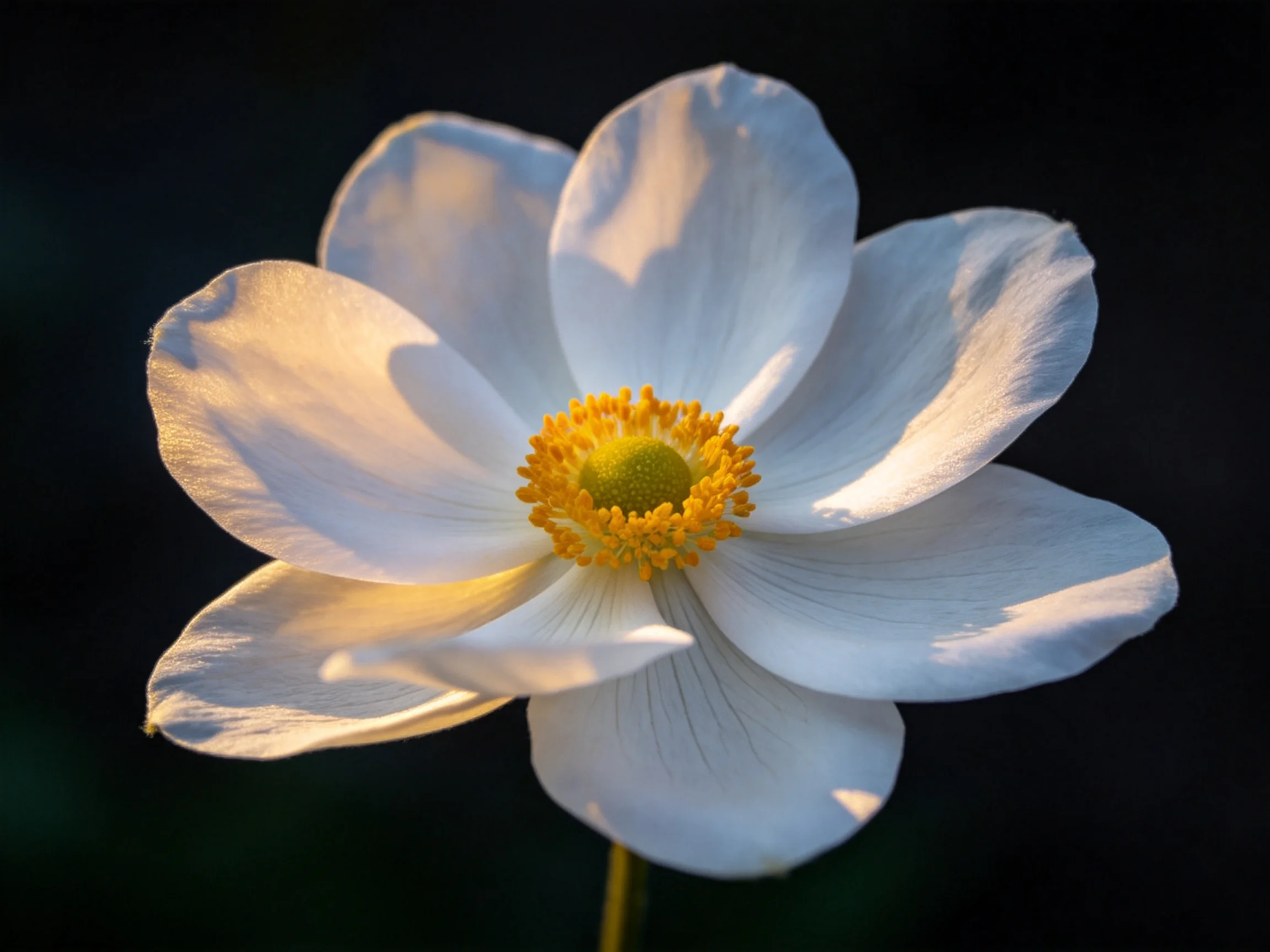 A single white anemone with golden center details