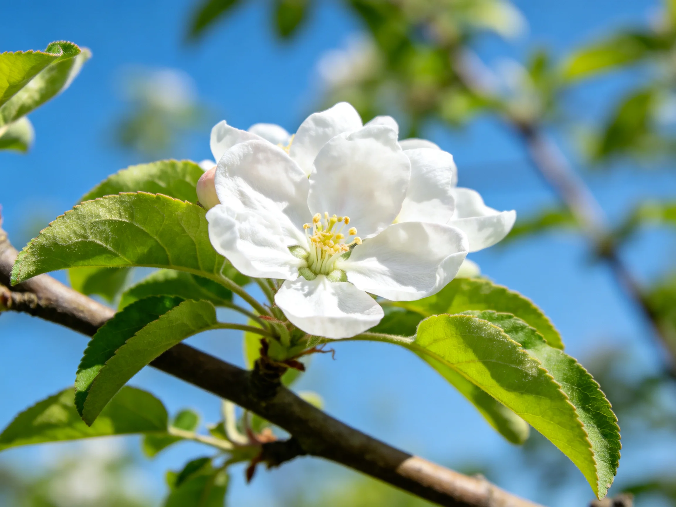 A single white apple blossom blooms amid vibrant green leaves under bright blue sky