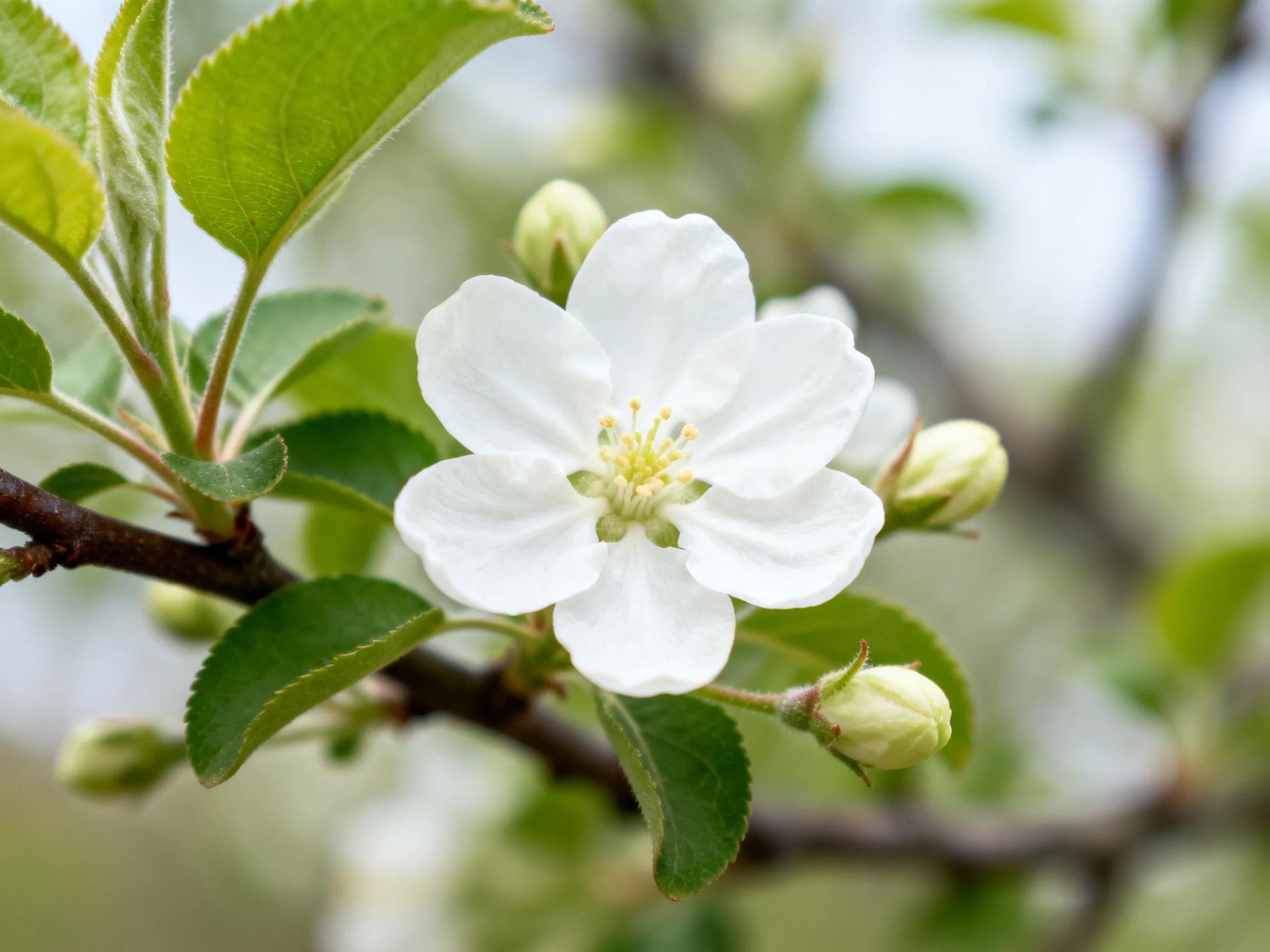 A single white apple blossom blooms among green buds and leaves