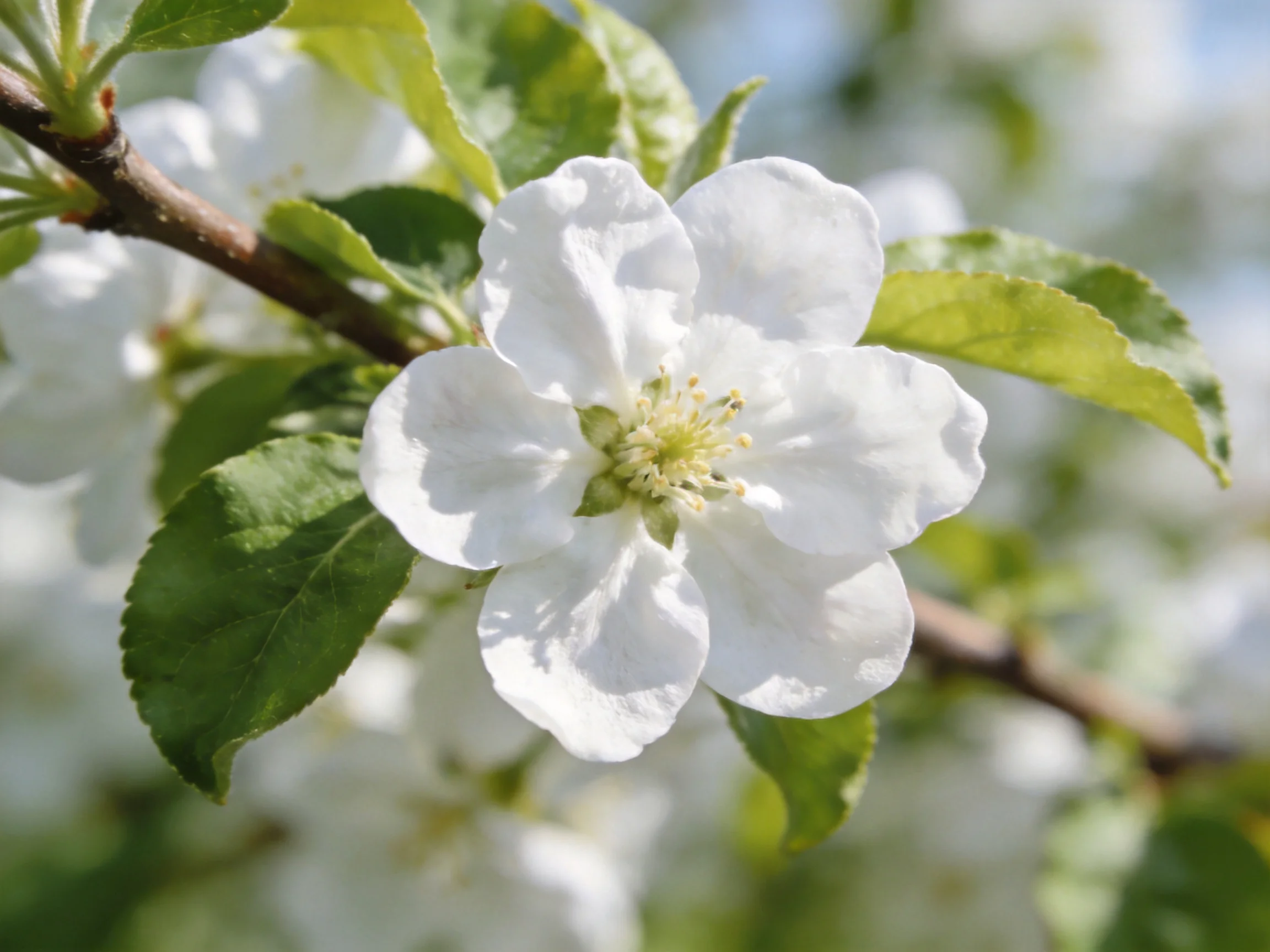 A single white apple blossom with green foliage on a brown branch