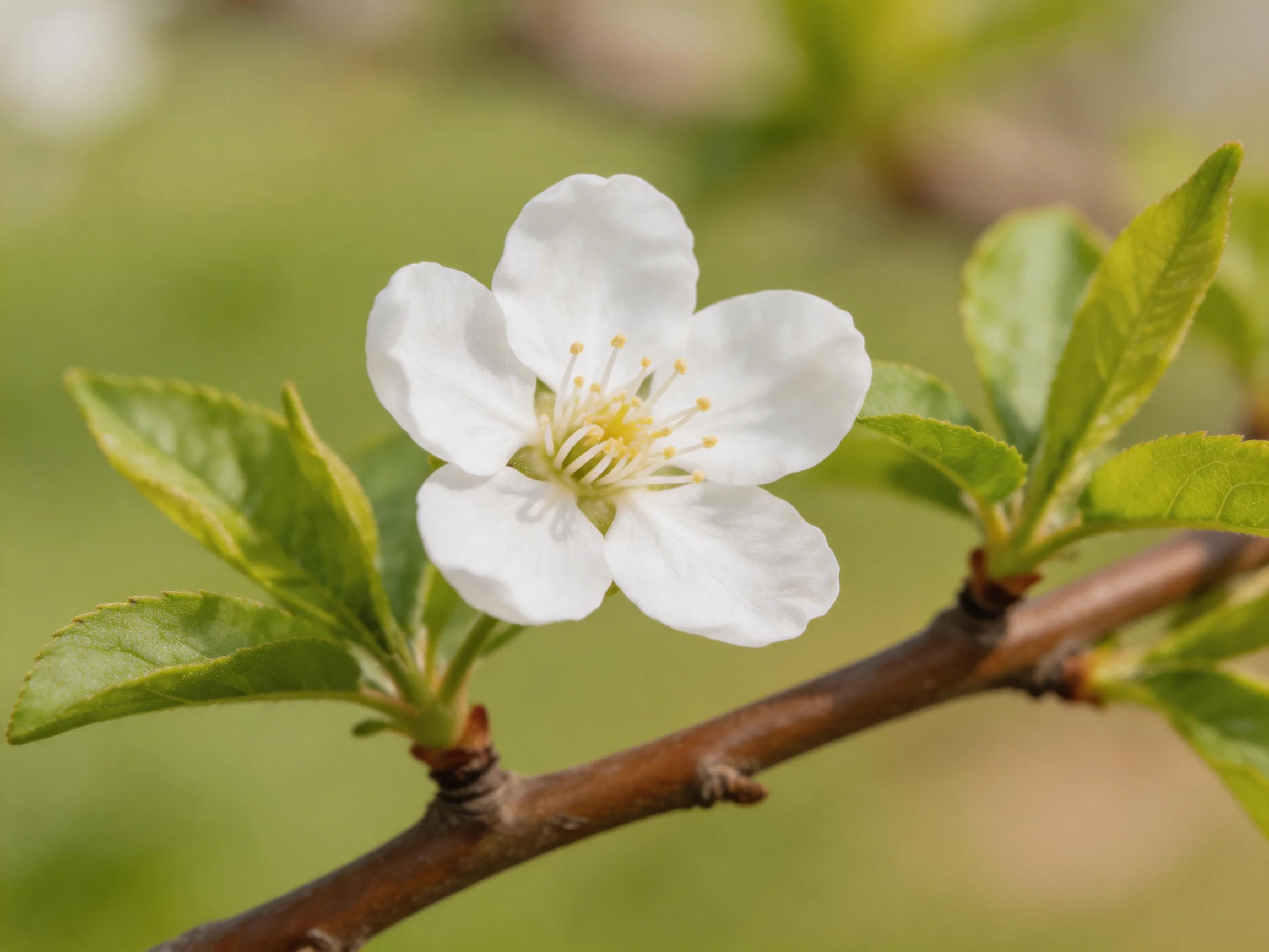 A single white blossom with fresh green leaves on a brown branch