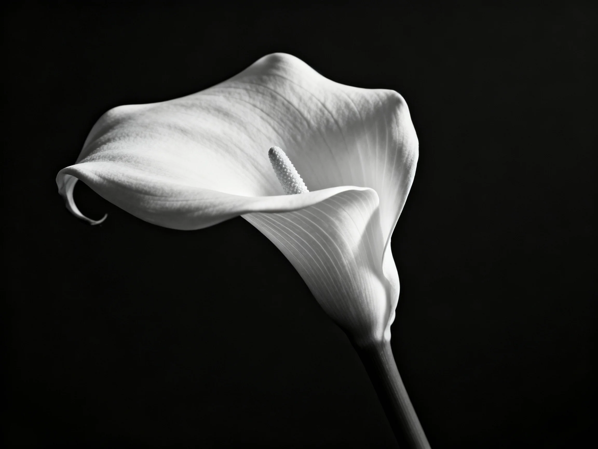 A single white calla lily highlighted by stark contrast
