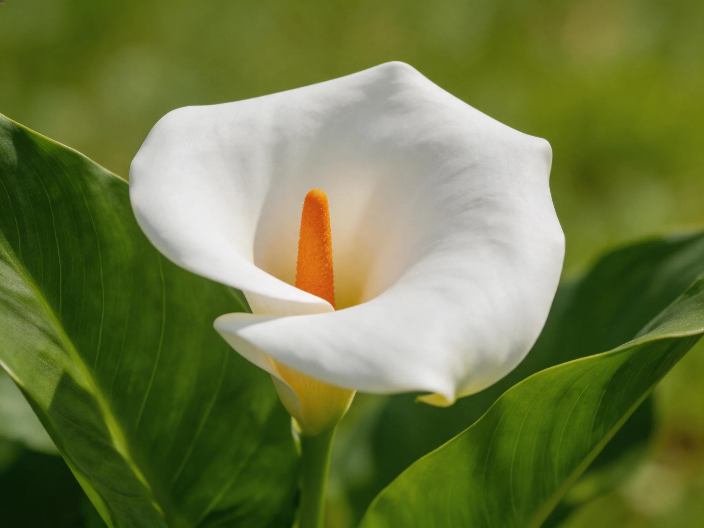 A single white calla lily with an orange spadix among green leaves