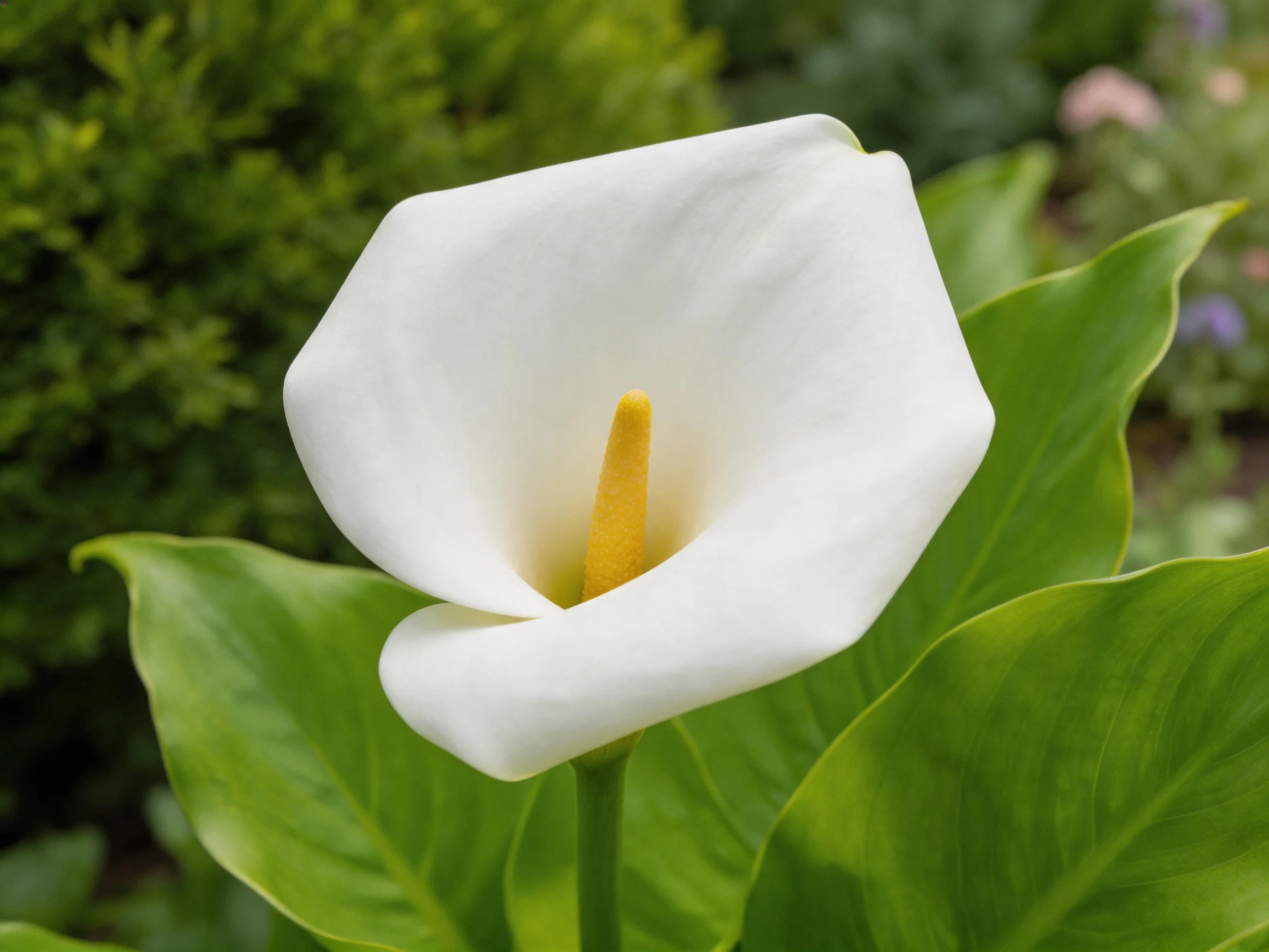 A single white calla lily with vibrant green foliage