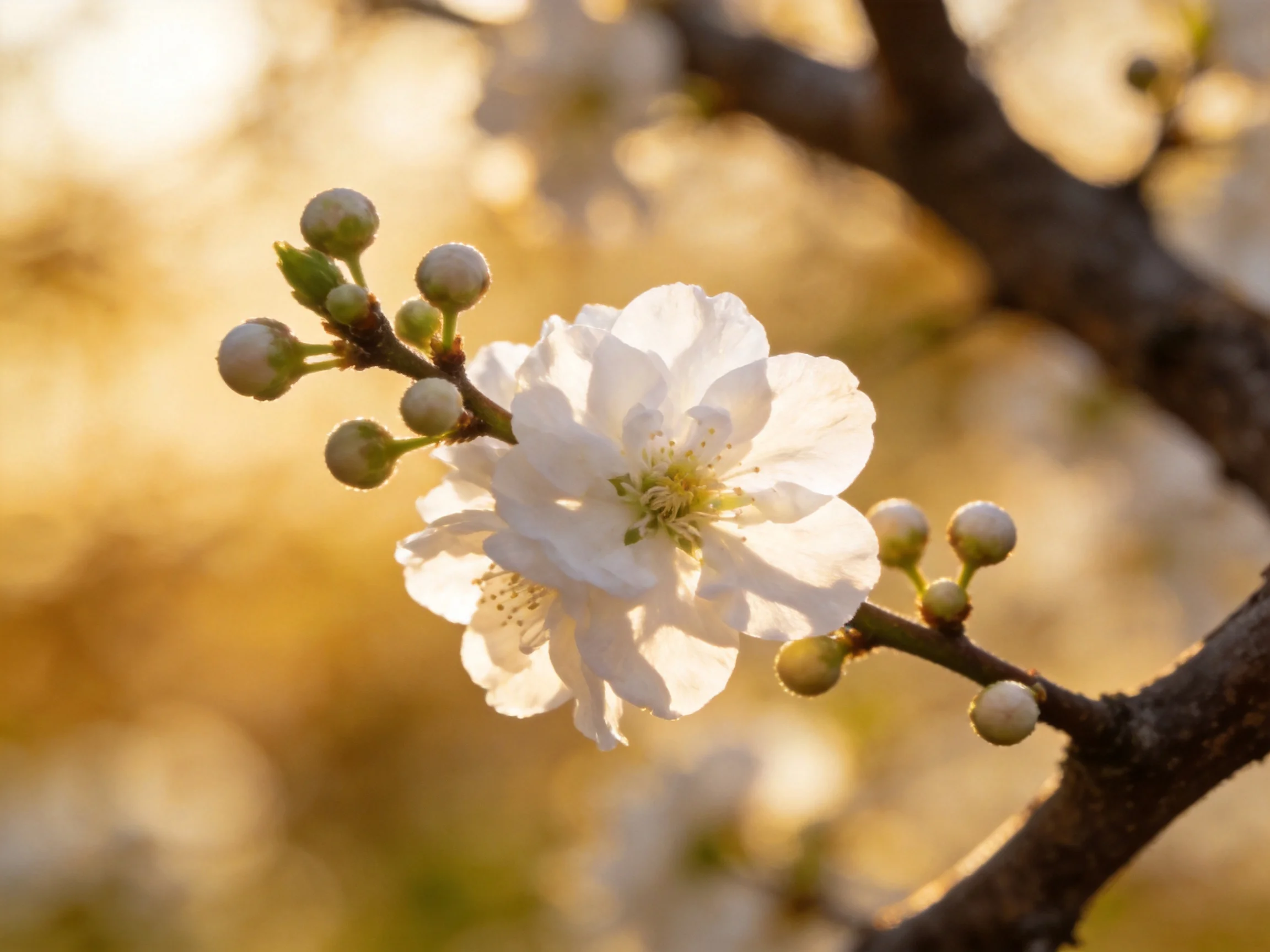 A single white cherry blossom blooms amid unopened buds under golden light