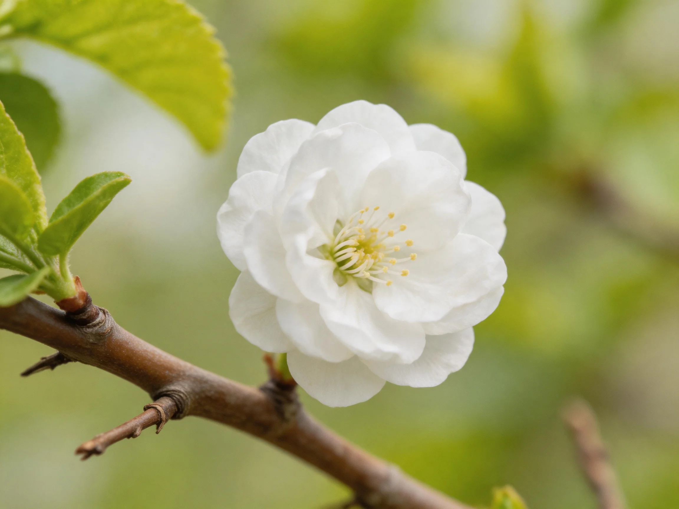 A single white cherry blossom blooms on a brown tree branch
