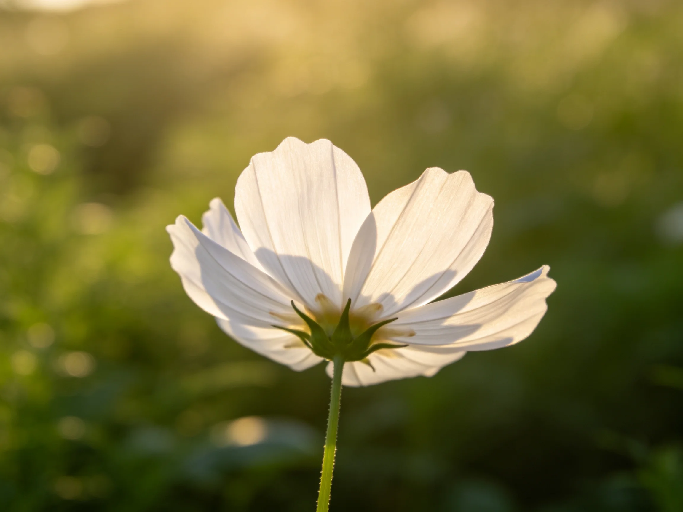 A single white cosmos flower backlit in a soft green meadow