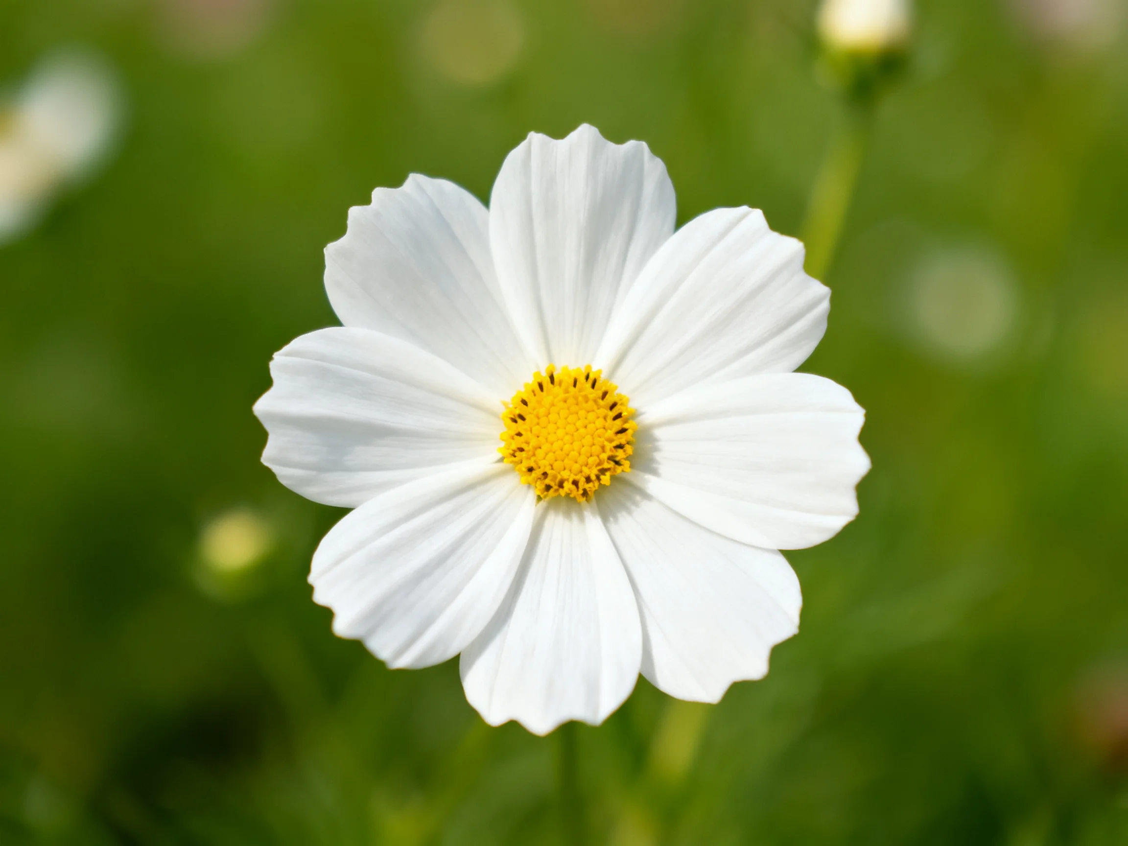 A single white cosmos flower with a bright yellow center against blurred greenery