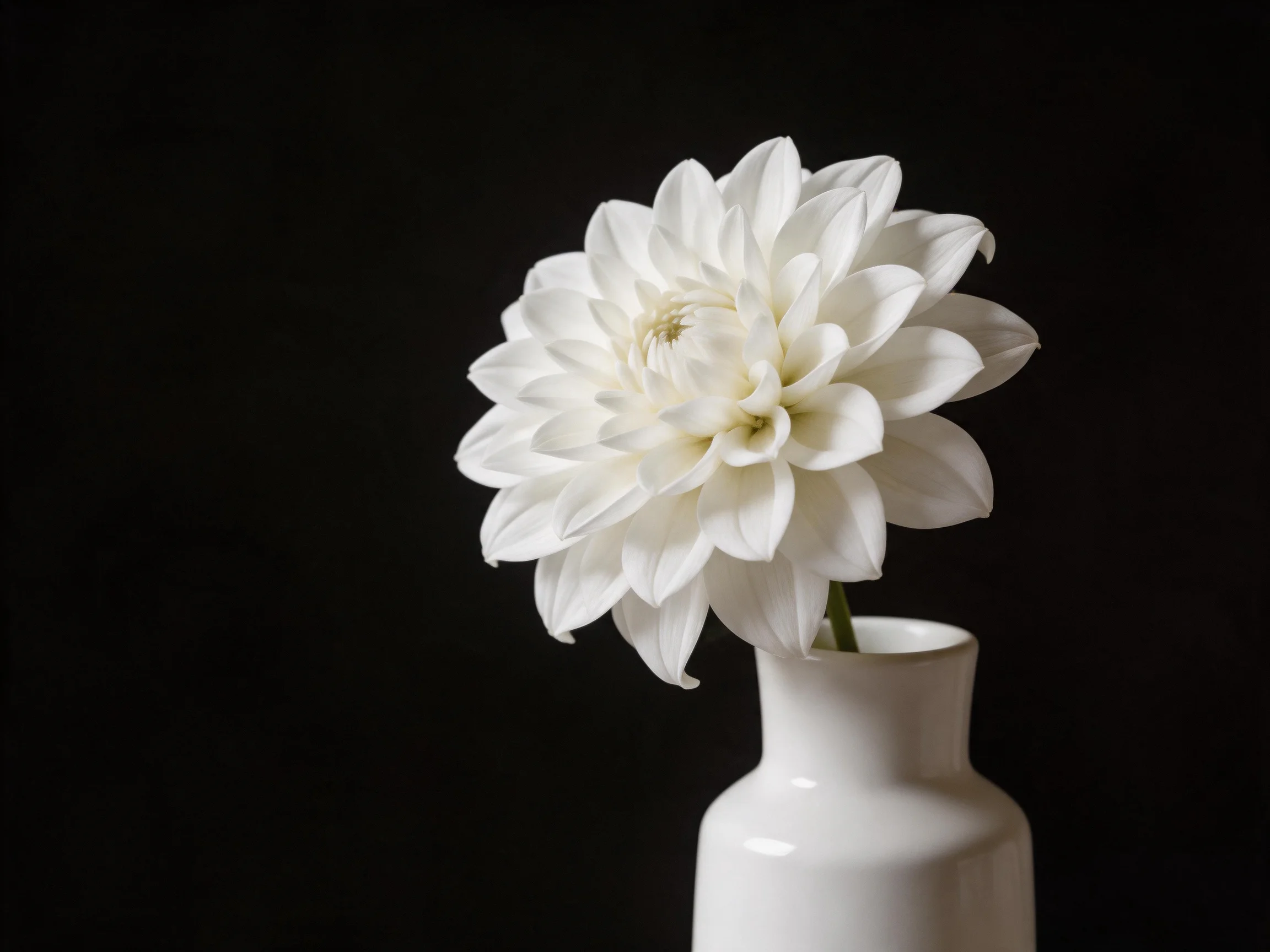 A single white dahlia in a minimalist white vase with black background
