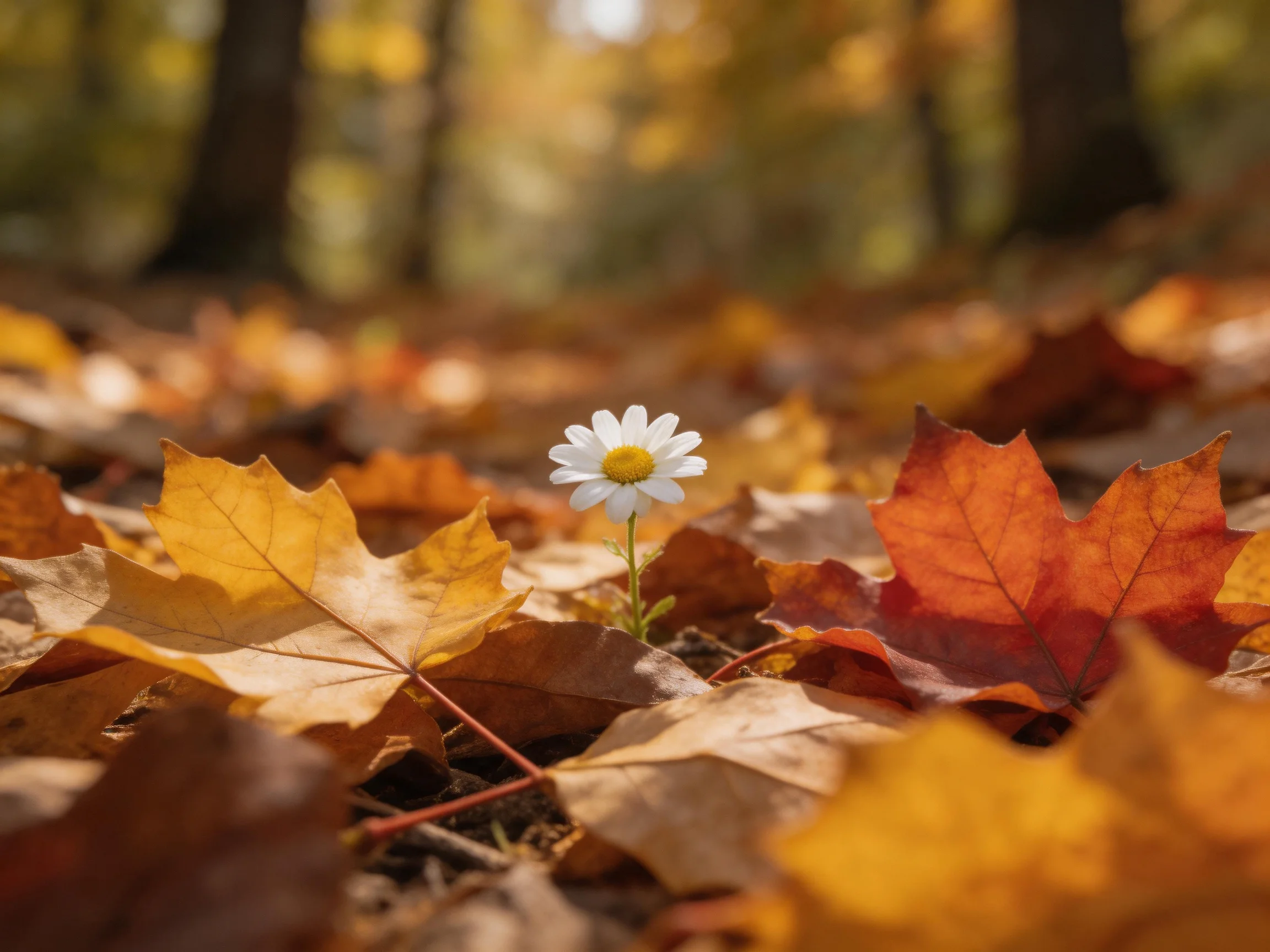 A single white daisy amid colorful autumn maple leaves