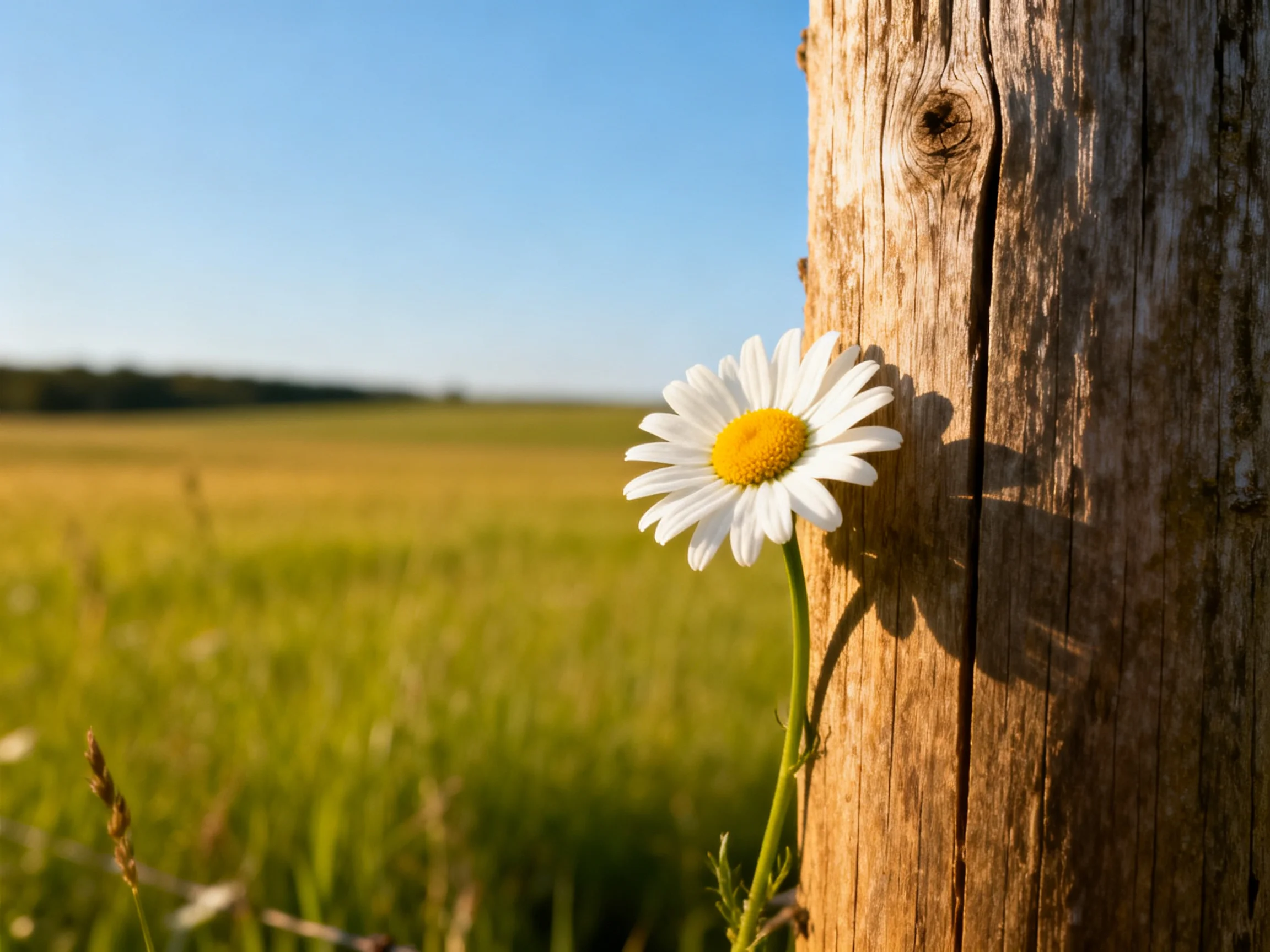 A single white daisy beside an aged wooden post in a golden field
