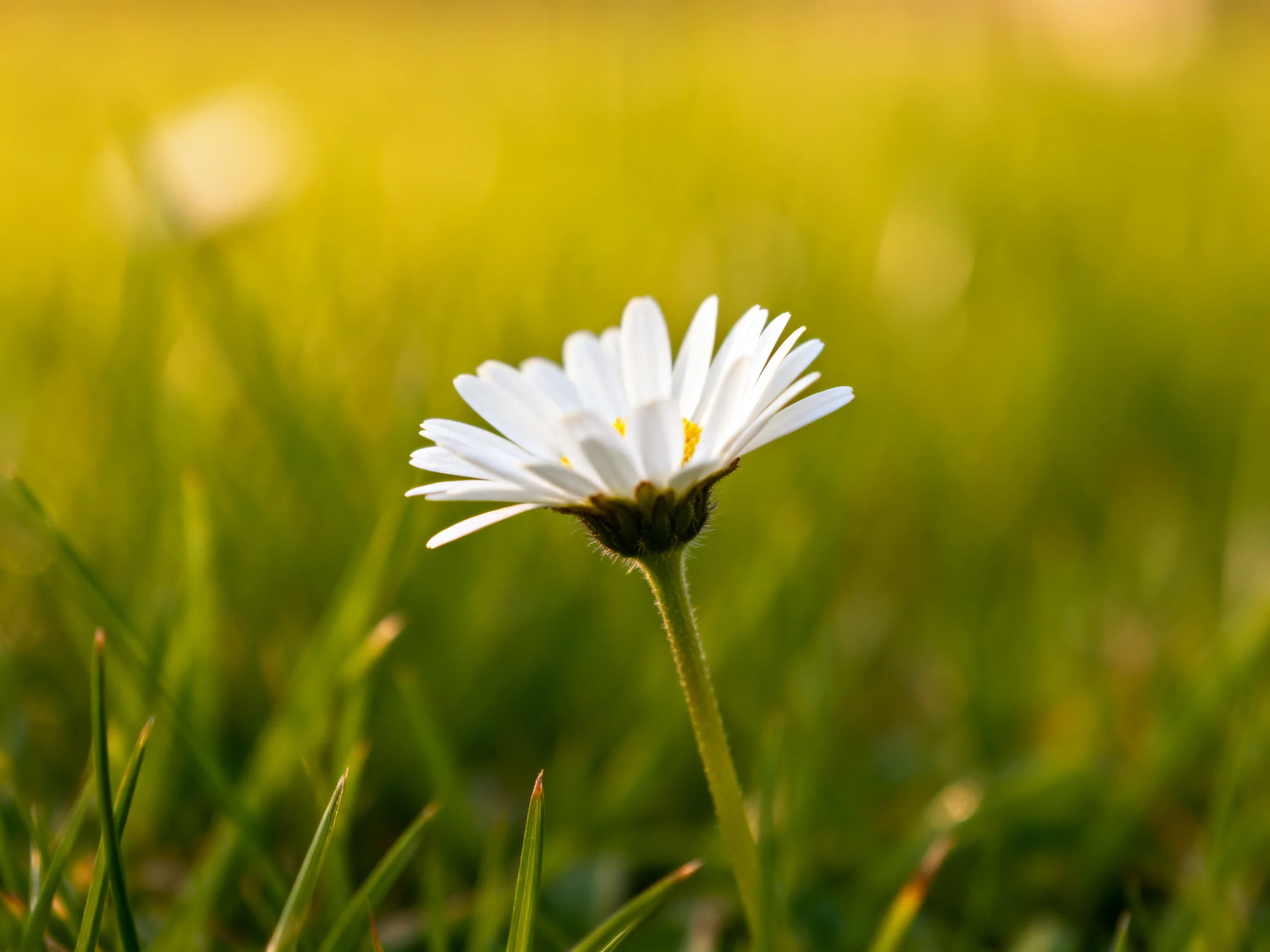 A single white daisy blooms amid lush green grass with soft yellow-green bokeh