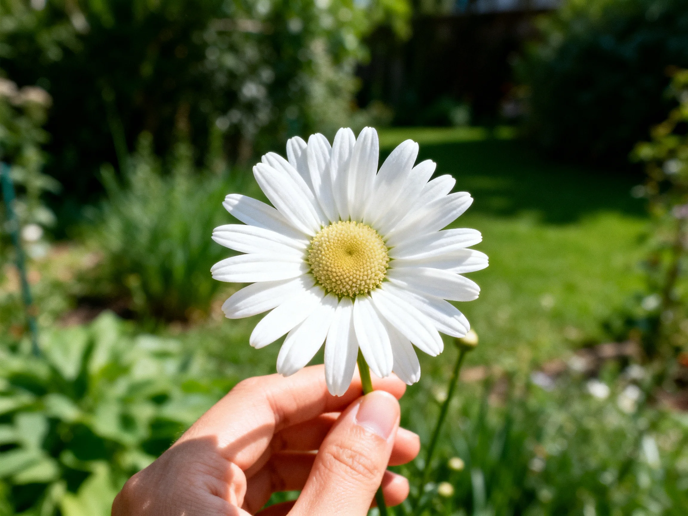 A single white daisy held in a sunlit garden