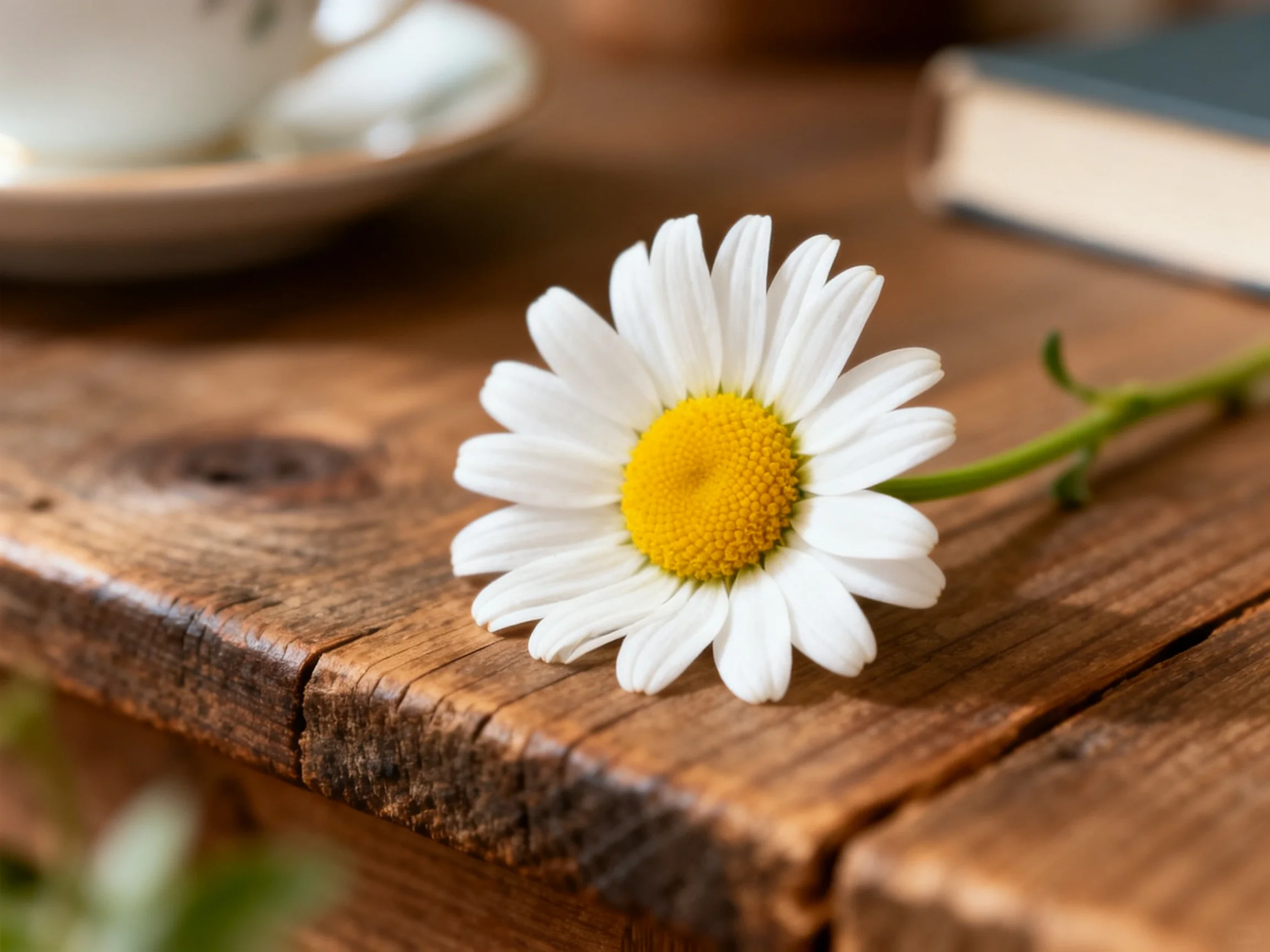 A single white daisy rests on a rustic brown wooden table near a teacup and book