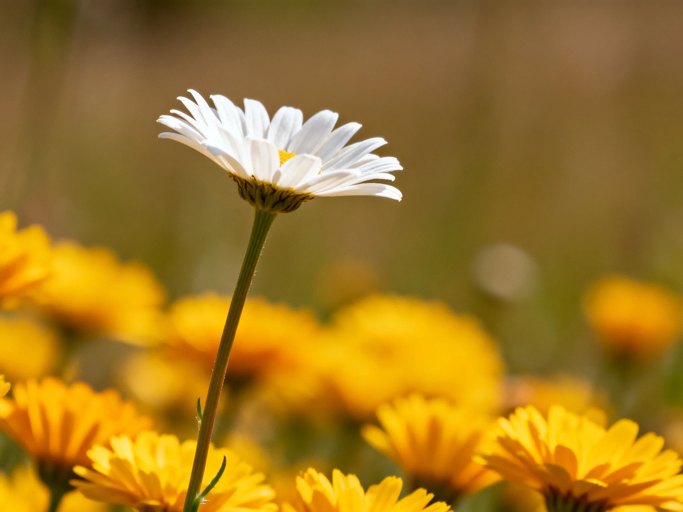 A single white daisy stands among numerous yellow flowers
