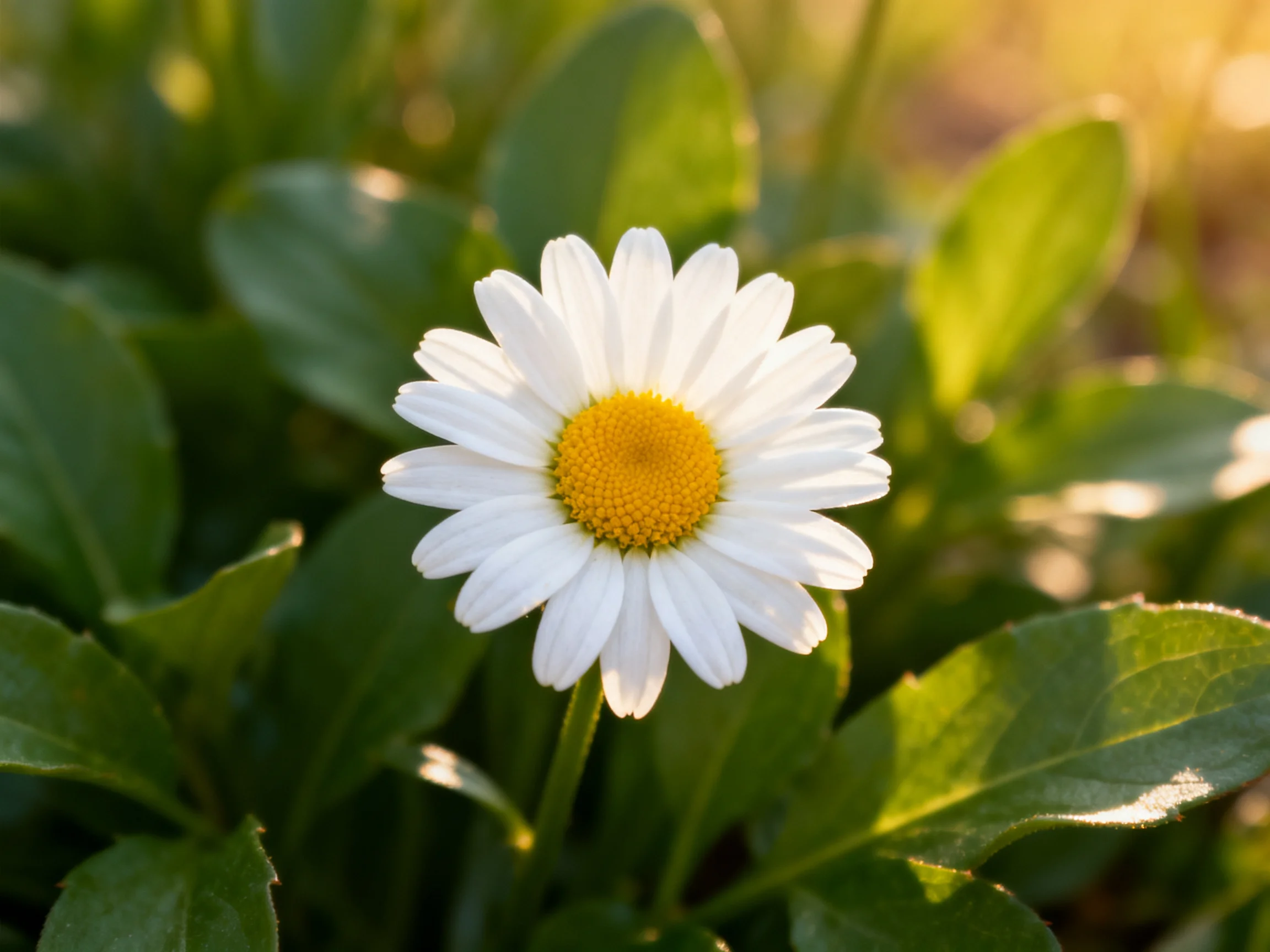 A single white daisy with a bright yellow center amid lush green foliage