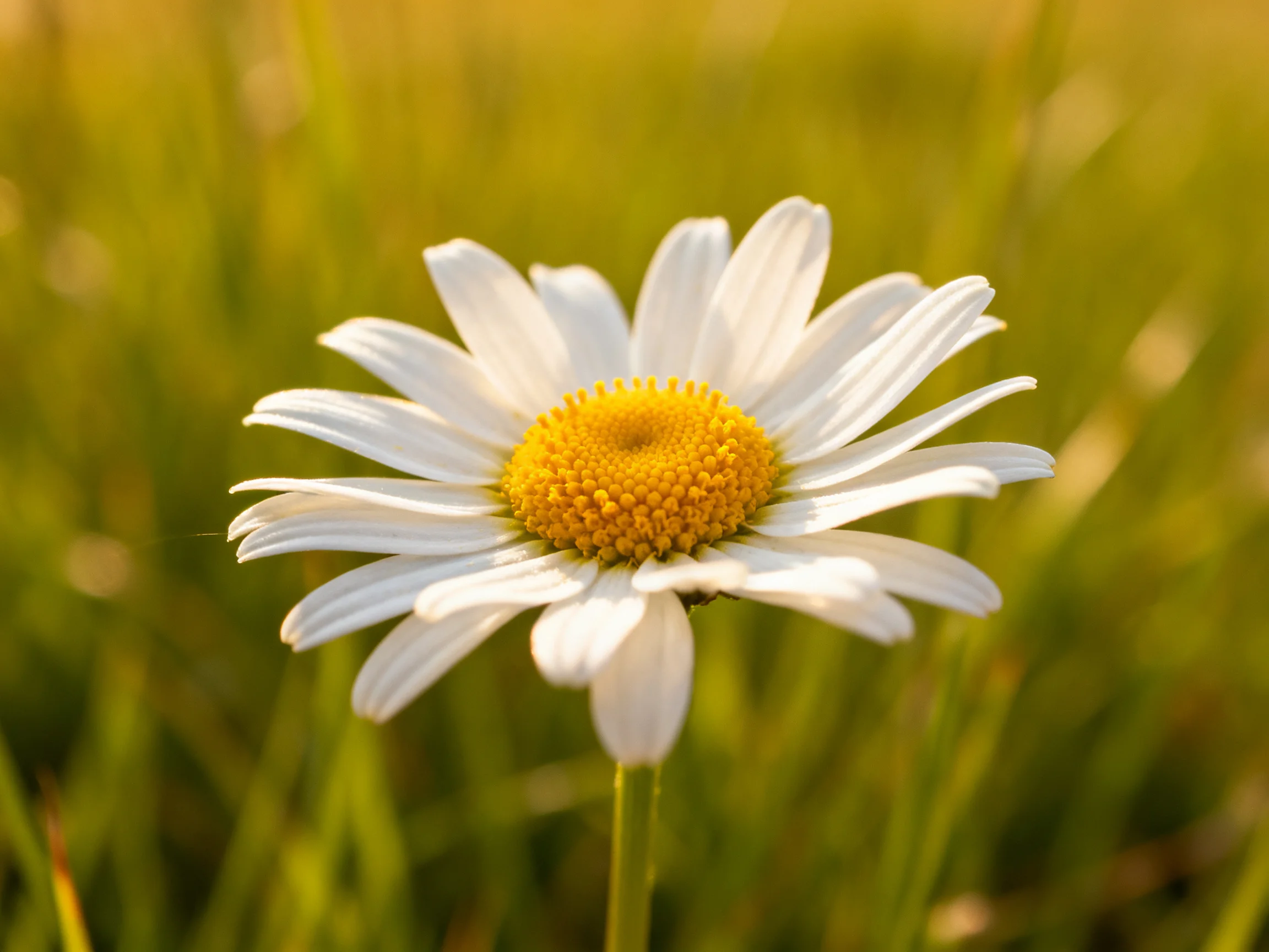 A single white daisy with a bright yellow center amid tall green grass