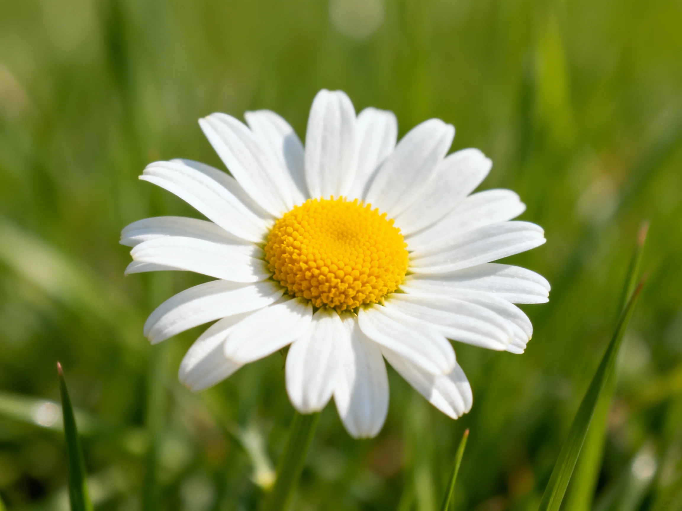 A single white daisy with a bright yellow center amidst lush green grass