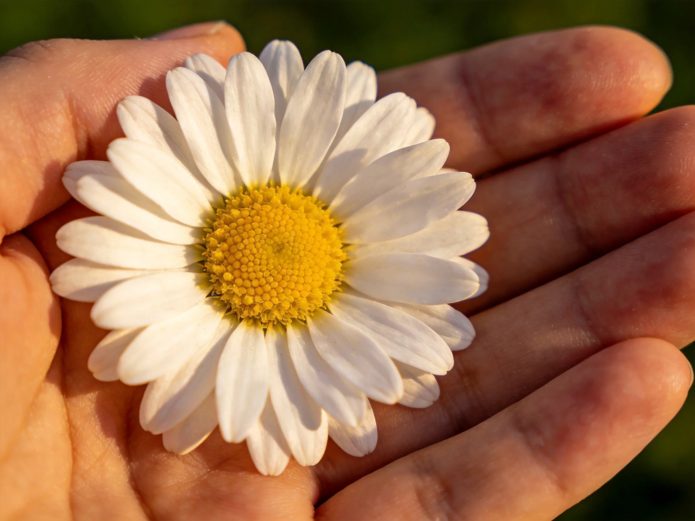 A single white daisy with a bright yellow center held in an open hand