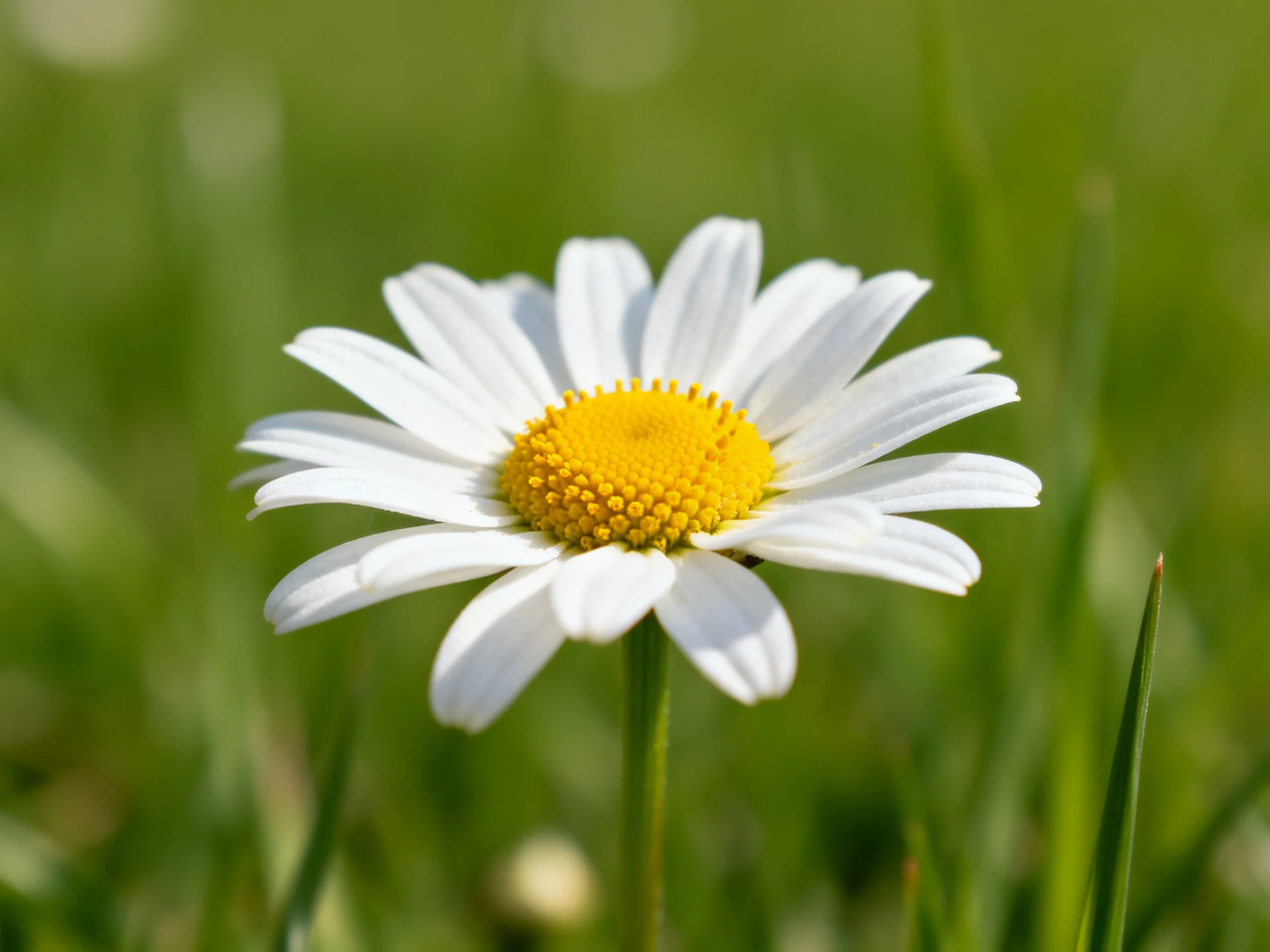 A single white daisy with a bright yellow center in green grass