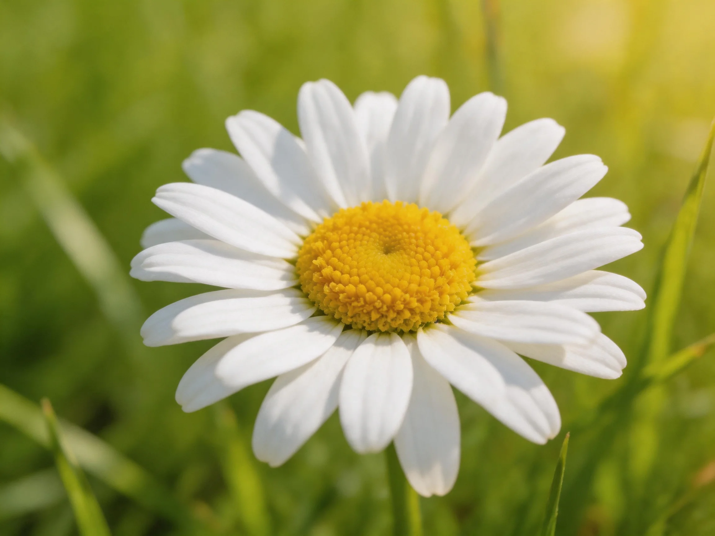 A single white daisy with a bright yellow center in green grass